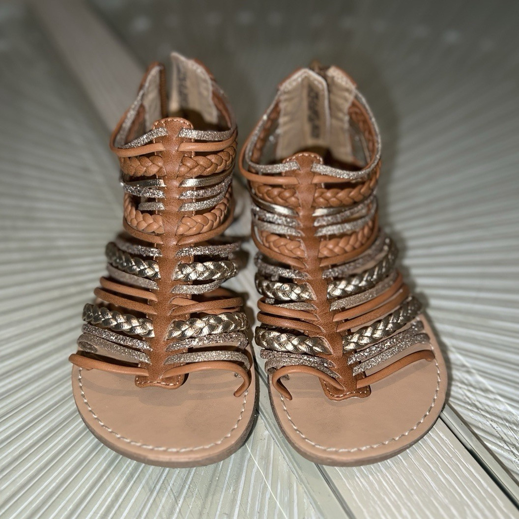 Kelly & Katie Women’s Brown/Silver Gladiator Flat Sandals Zip Closure US 11