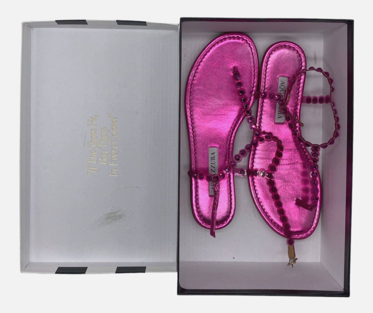 $750 Aquazzura Women Pink Tequila Crystal Thong Sandal Shoe Size EU 37.5/US 7.5