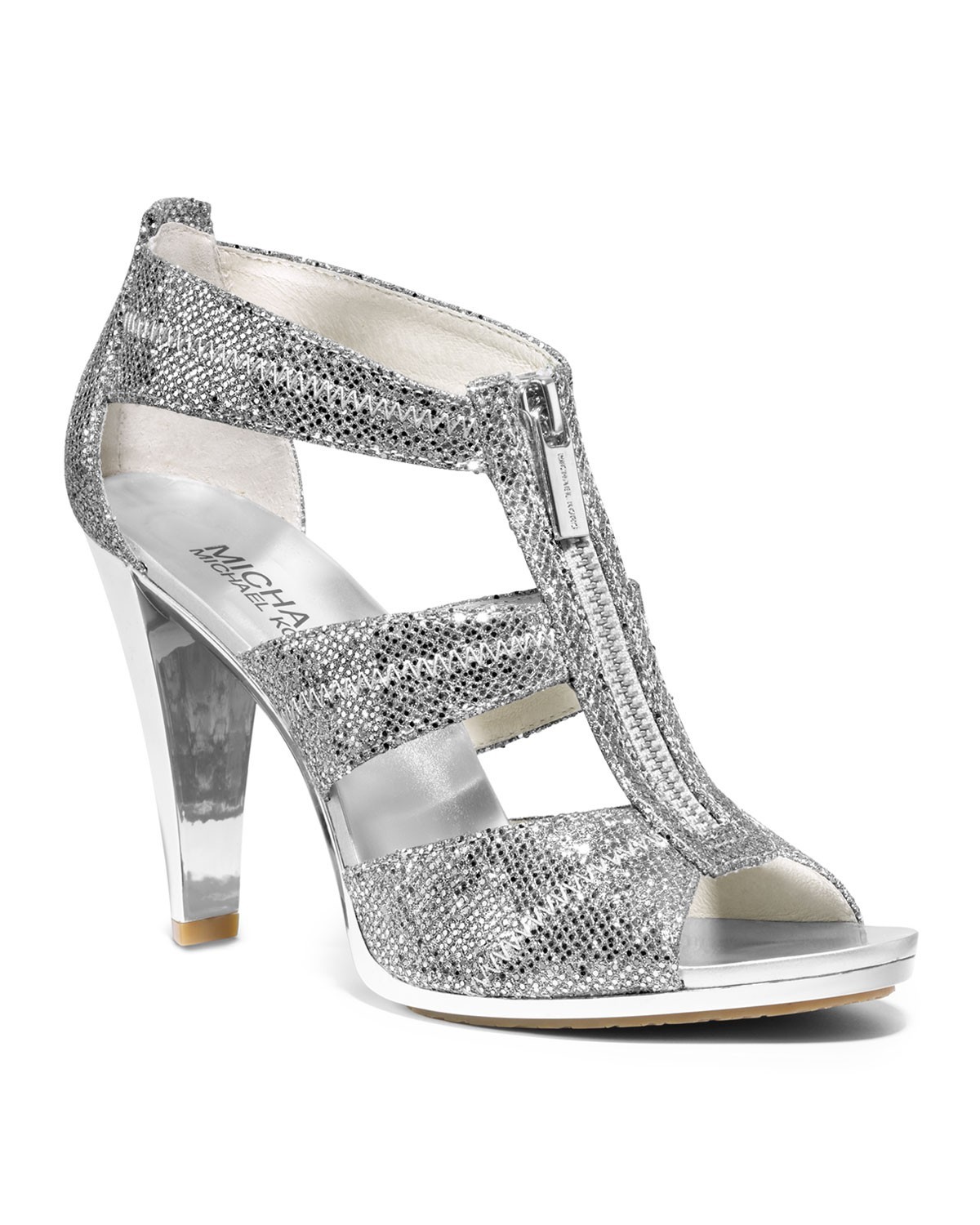 Michael KORS BERKLEY SILVER GOLD GLITTER LOGO ZIPPER SANDAL WEDDING I LOVE SHOES