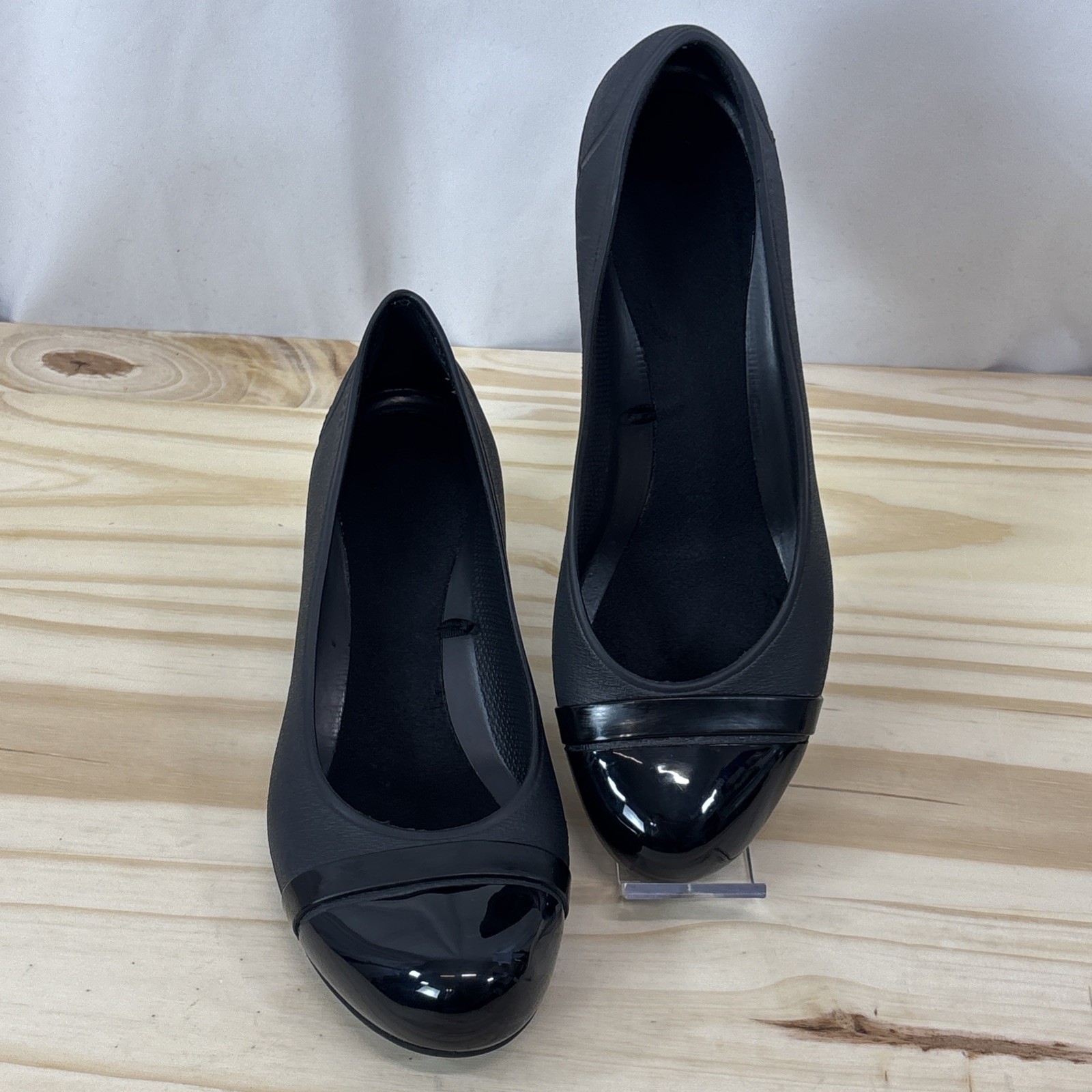 Crocs Wedge Heels Black Croslite Patent Cap Toe Detail Comfort Shoes Womens 8