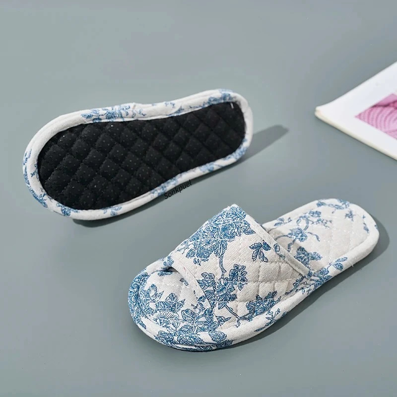 Women Home Slippers Soft Cotton Floral Floor Shoes Antislip Bedroom Slippers Lig