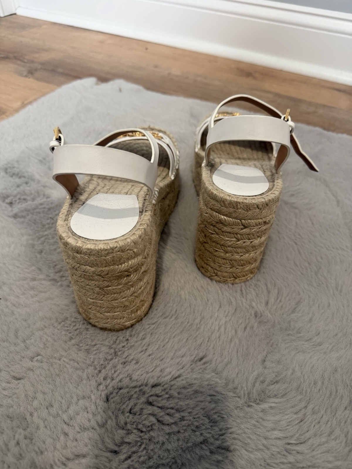 Versace White Leather Espadrille Wedge Sandals Gold Logo Adjustable Strap 39