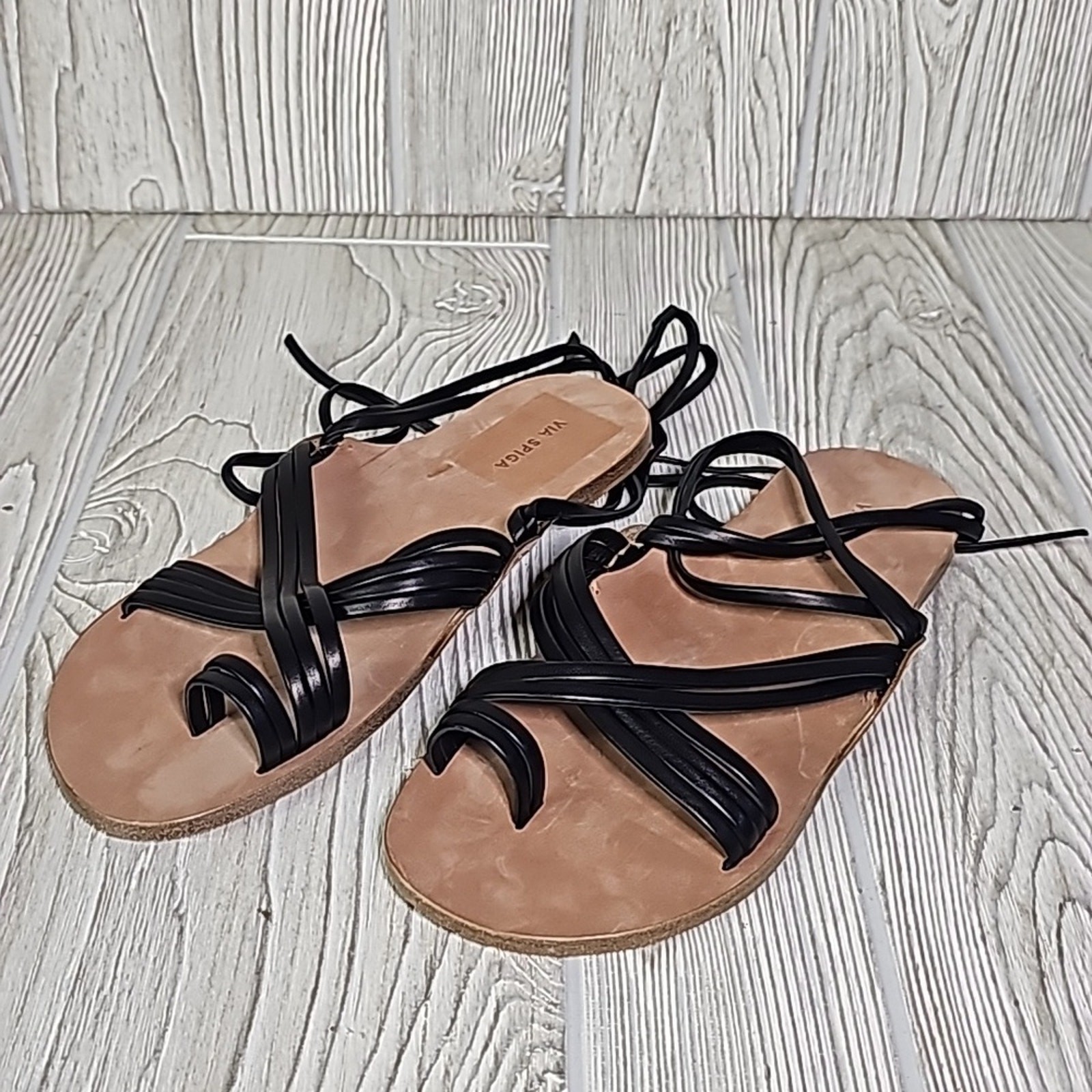 Via Spiga Allegra Ankle Wrap Black Leather Sandals Womens Size 6.5 New