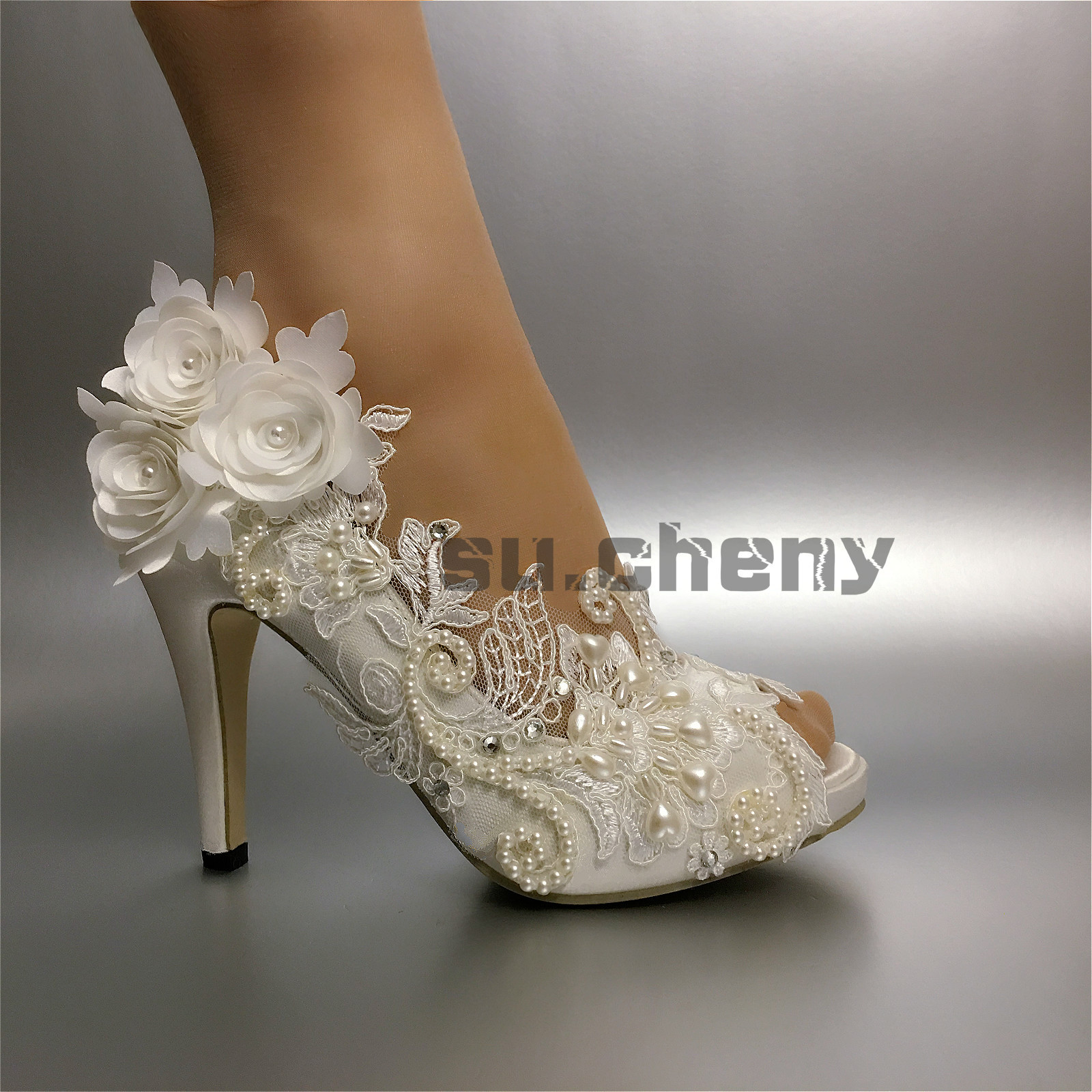 su.cheny Pearl satin white ivory lace flowers open toe Wedding Bridal heel shoes