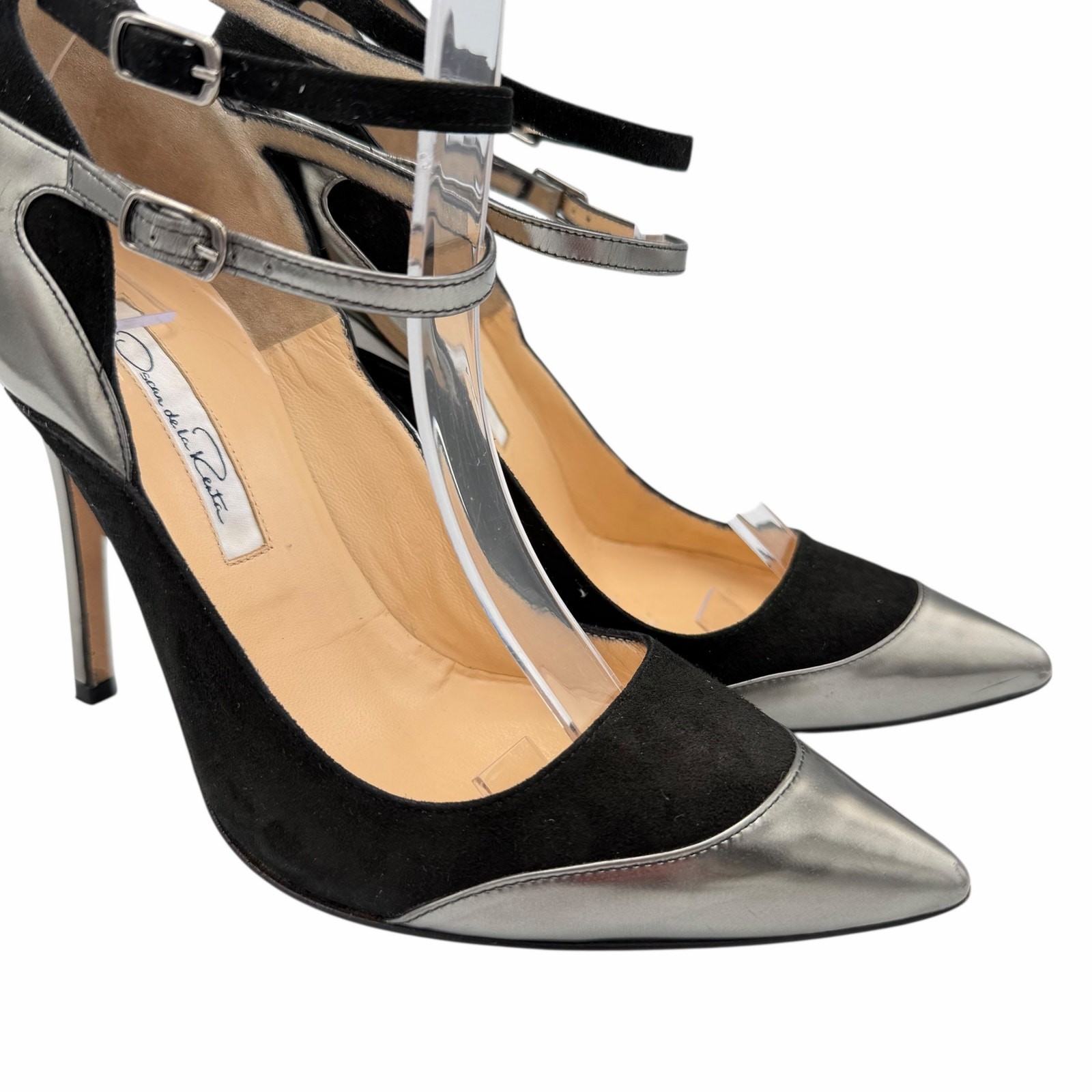 Oscar de la Renta US6 Black Suede Metallic Colorblock Pattern D’Orsay Pumps