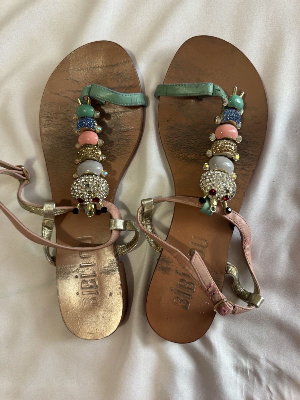 BibiLou Beaded Rhinestone Thong Sandals Gold Pink Green Multicolor