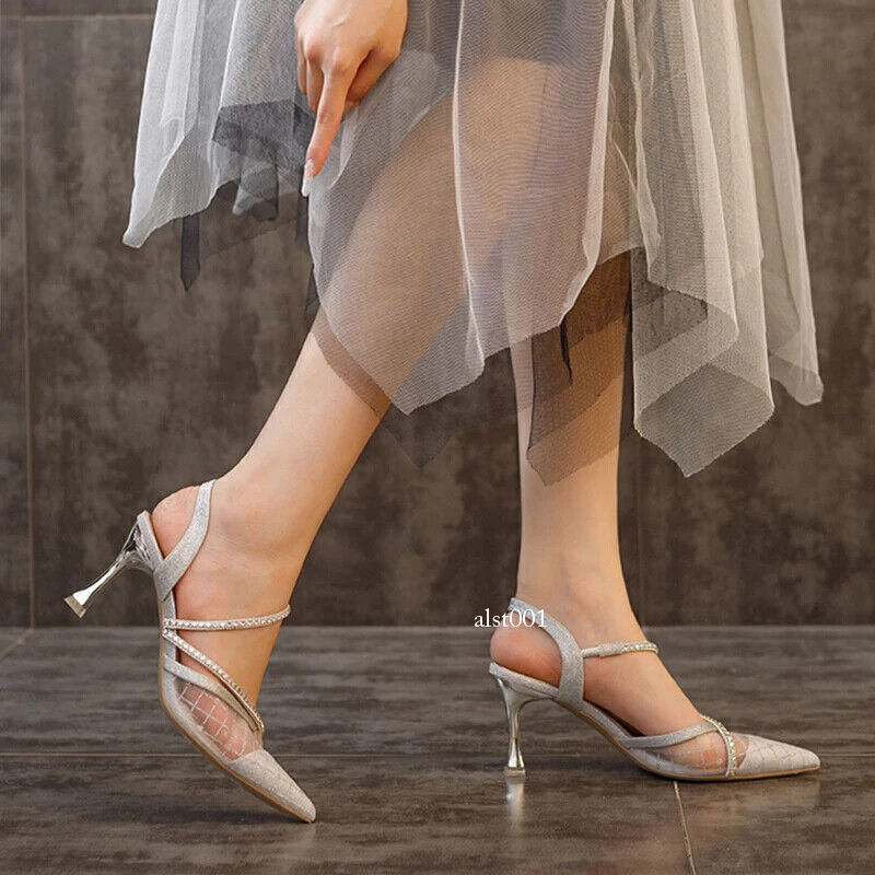 Women Pointed Toe Thin Heel Pumps Party Shoes Bling Crystal High Heels Sandals