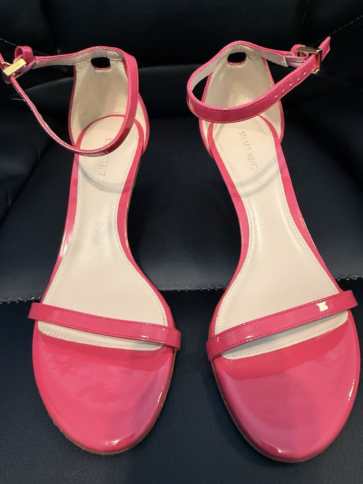 New Stuart Weitzman Pink Patent Leather Open Toe Strappy Buckle Heels US 5.5