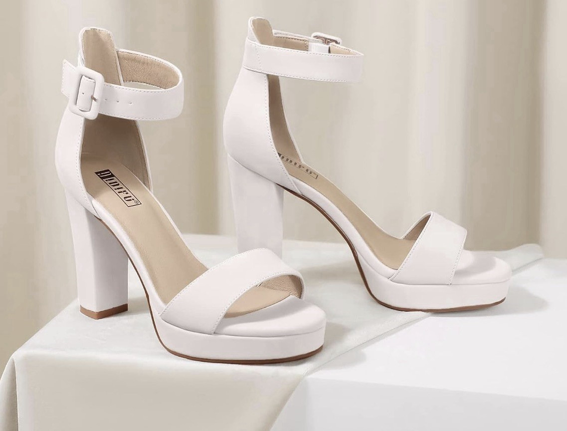 IDIFU Women’s White Ankle Strap Platform Block Heel Open Toe Buckle US 9