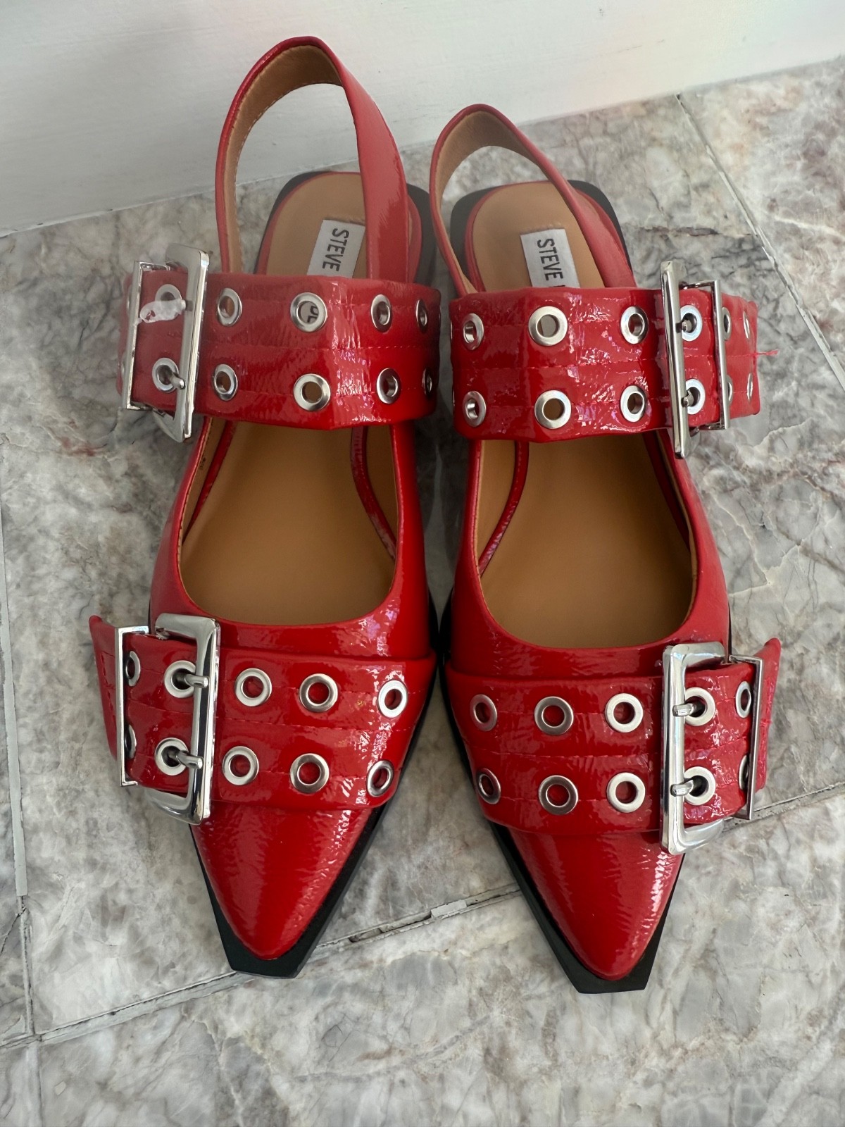 Steve Madden Graya Red Patent Leather Slip ons with Silver Grommets 7 M