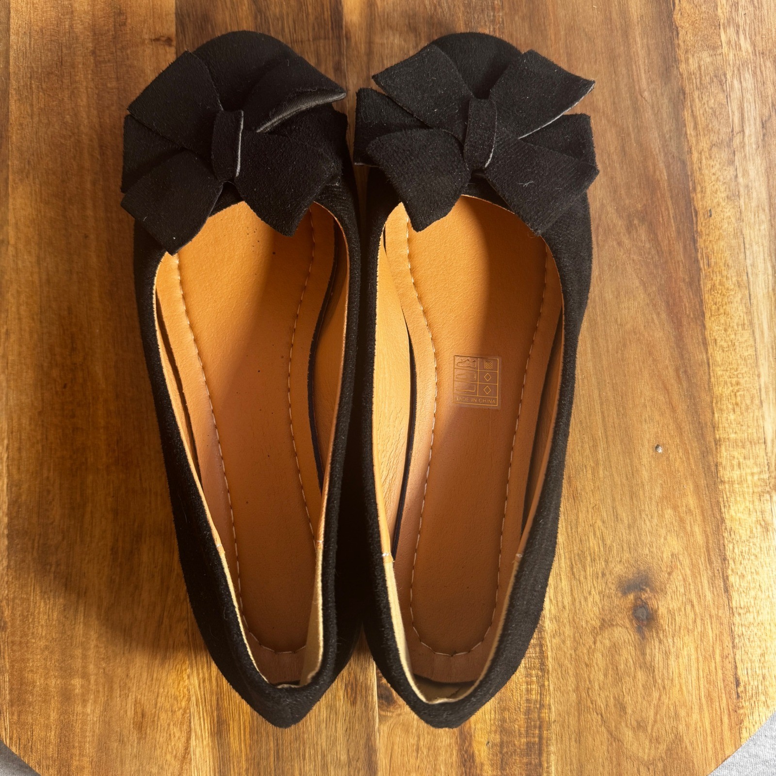 Black Bow Wedge Pumps Round Toe Low Heel Faux Suede Dress Shoes Size 40
