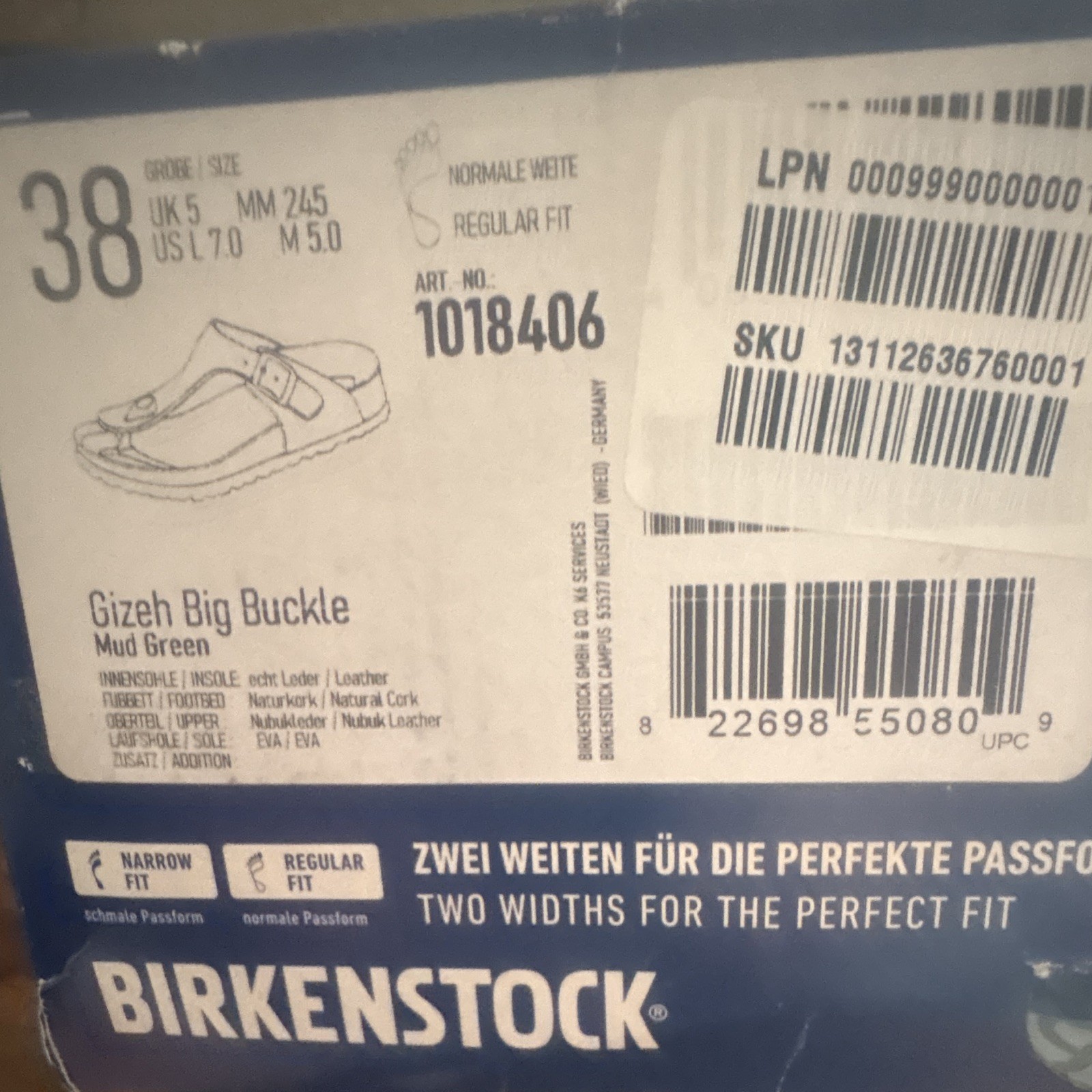 Birkenstock Gizeh Big Buckle Mud Green Thong Sandals EU 38 US 7 Regular