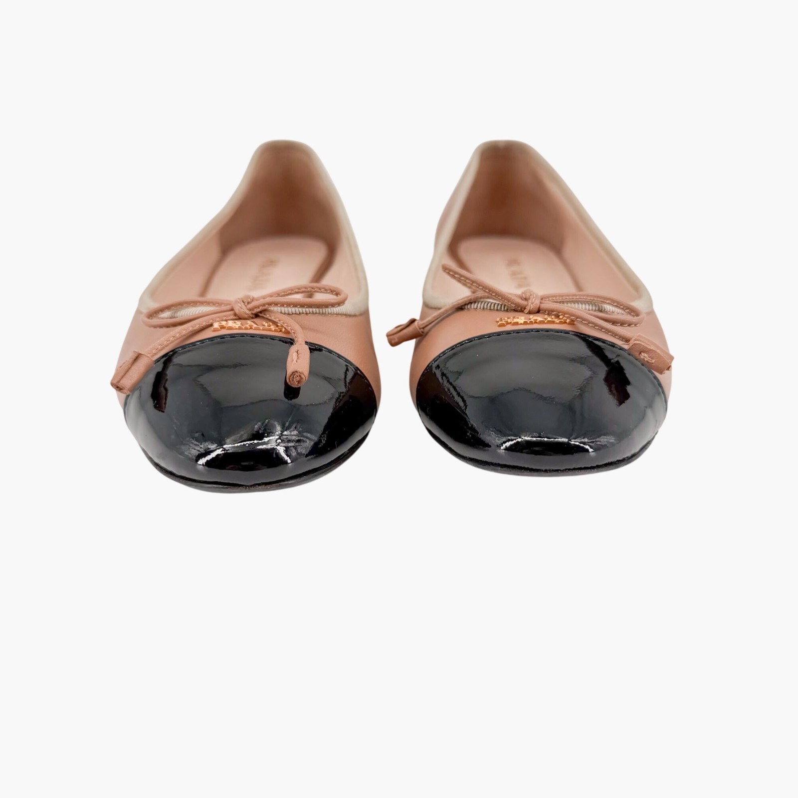 Prada Beige Black Cap Toe Logo Ballet Flats Leather Size 38 US 8 Women Two Tone