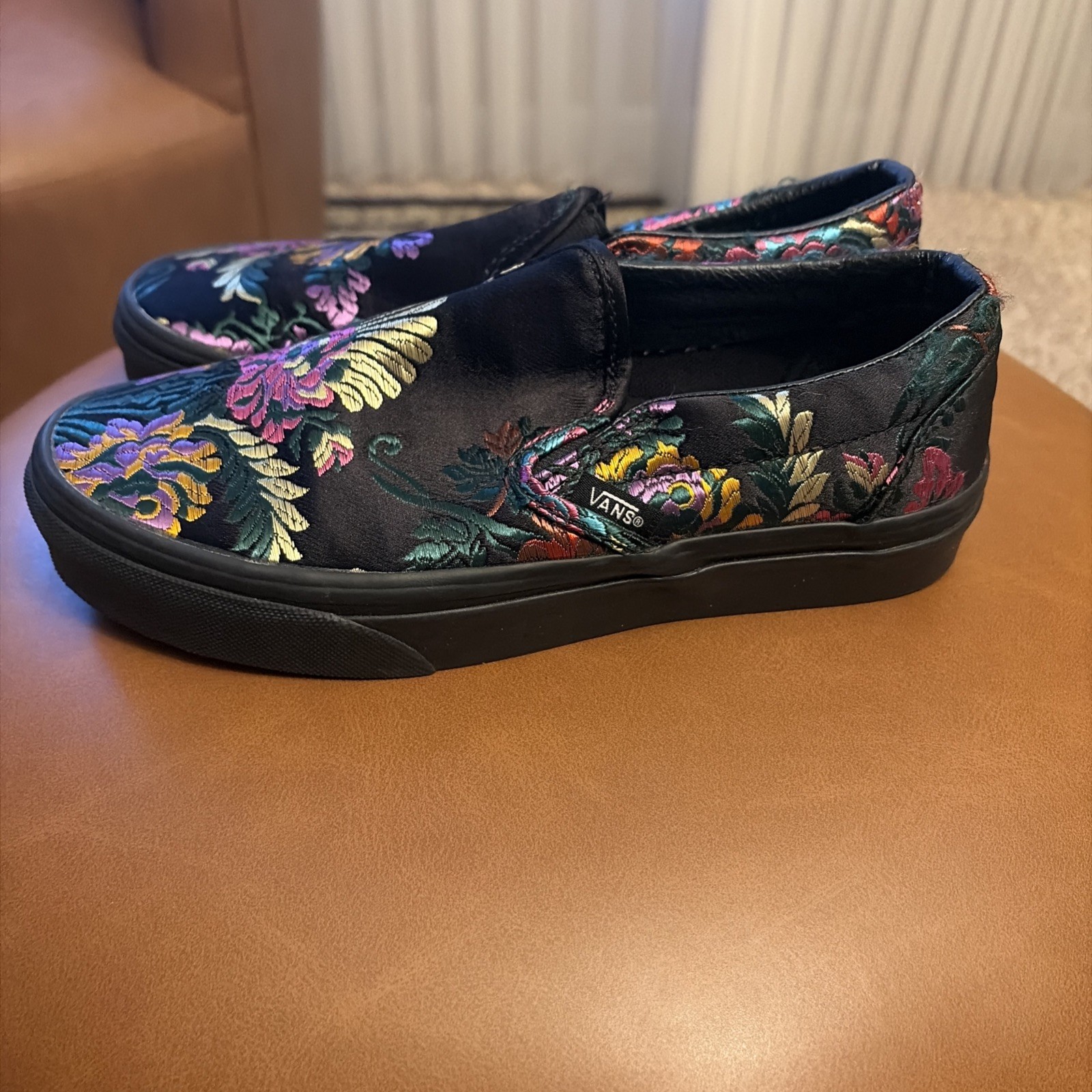 Vans Classic Slip-On Floral Brocade Black Satin Sneakers Unisex Shoes