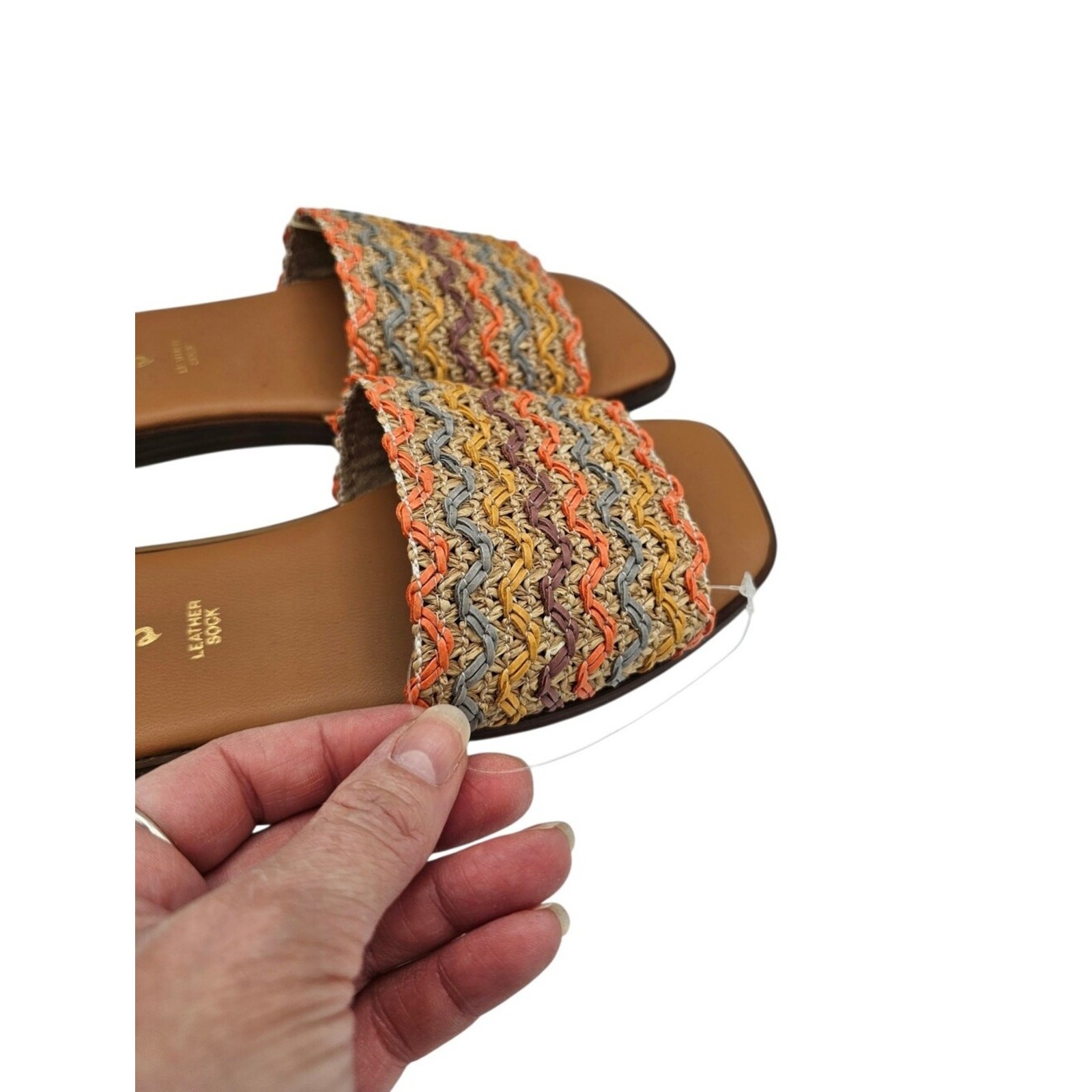 Mariella Multicolored Chevron Woven Raffia Leather Flat Slide Sandals Womens 8