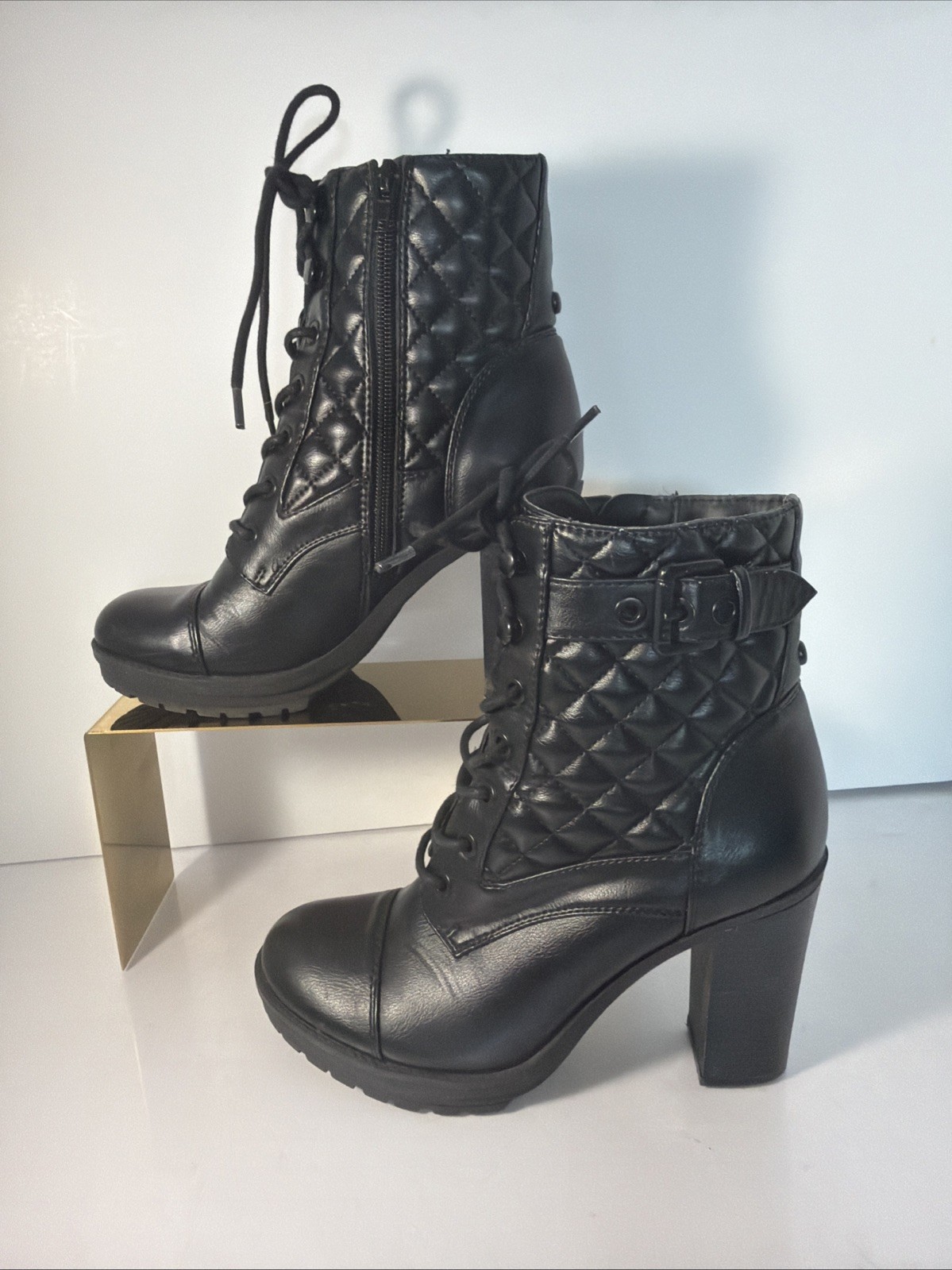 G By GUESS Black Quilted Booties Boots Heels Biker Grunge Gothic Moto Buckle 6.5