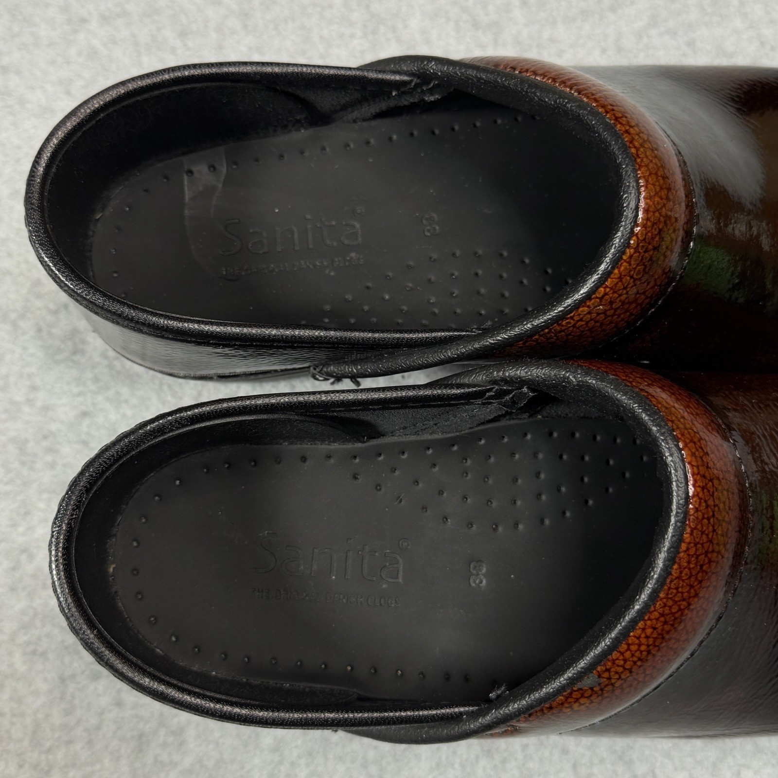 Sanita Original Cabrio Professional Clog Patent Leather Brown Embossed Womens 38
