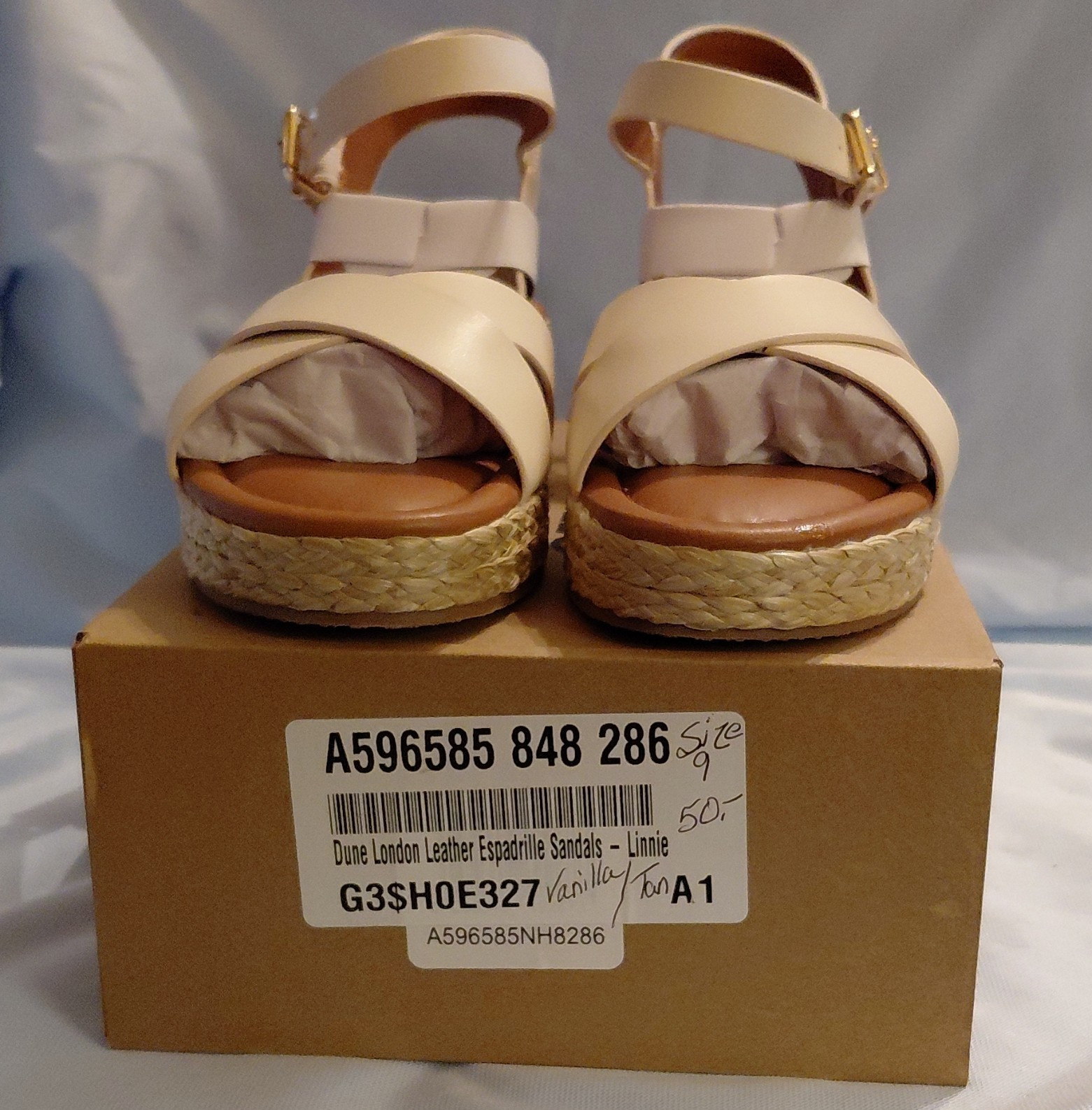 Dune London Beige Leather Espadrille Wedge Ankle Strap Sandals Women’s US 9