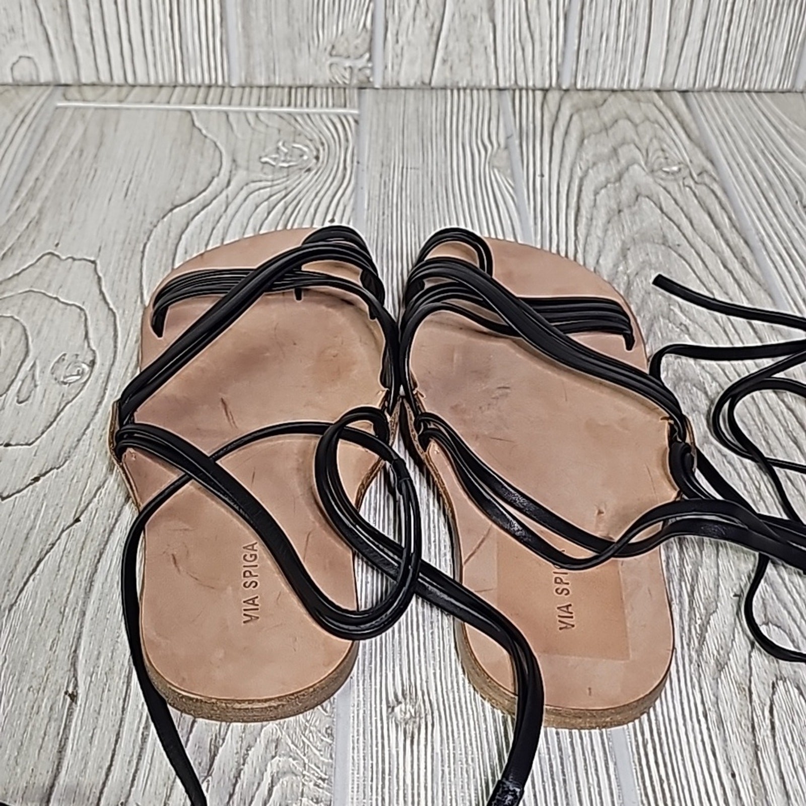 Via Spiga Allegra Ankle Wrap Black Leather Sandals Womens Size 6.5 New