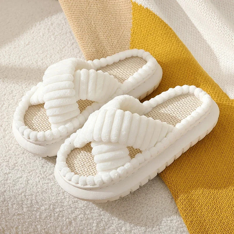 Pink Corduroy Cross Strap Home Slippers Women Winter 2025 Breathable Thick Sole