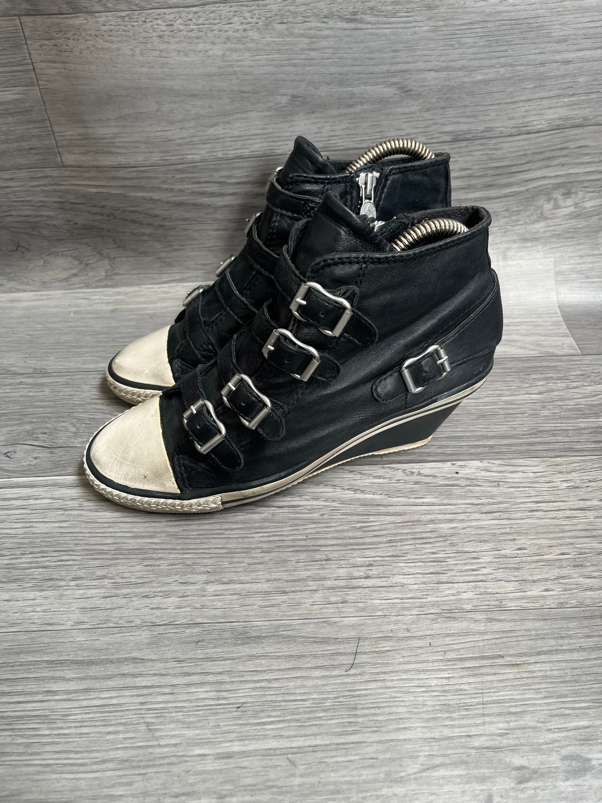 Ash thelma punk mutiple buckle black leather wedge boots y2k sz 36