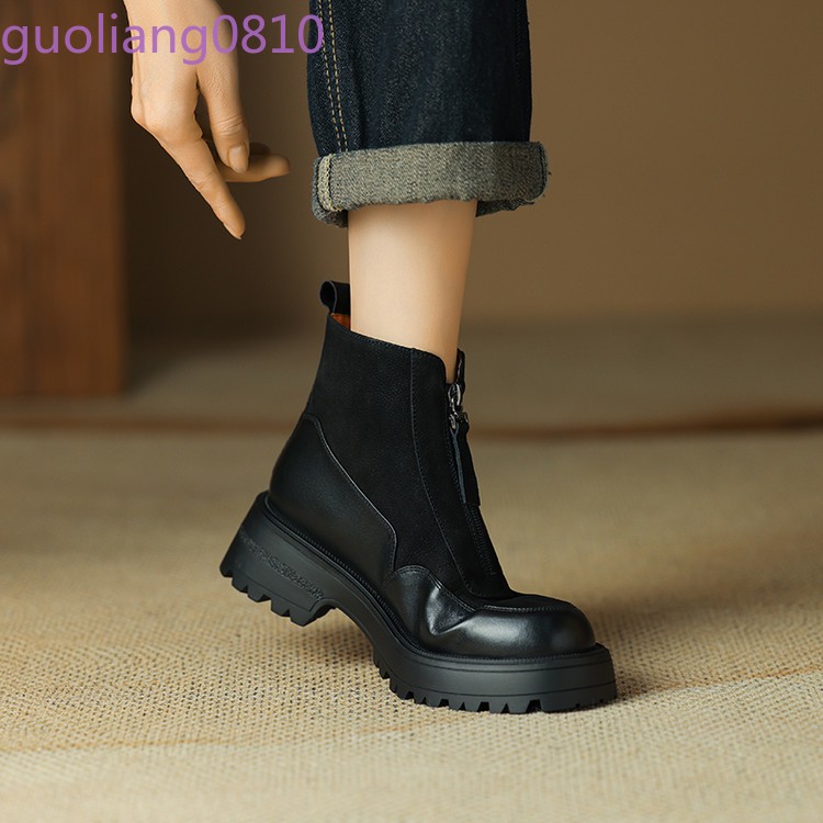 Women’s Leather Ankle Boots Round Toe Shoes Block Heel Zip Platform Fashion OL