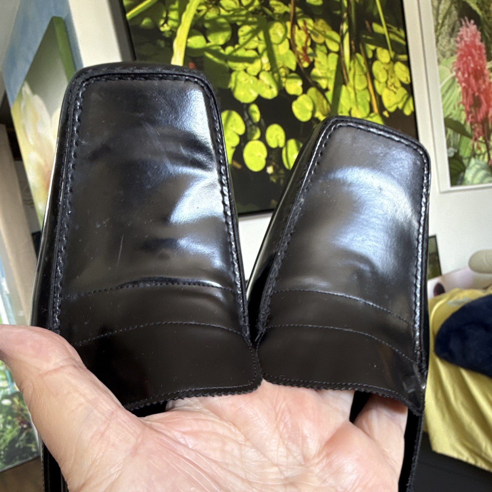 Via Spiga Women’s Black Leather Square Toe Mule Slip On Block Heel Shoes 9M