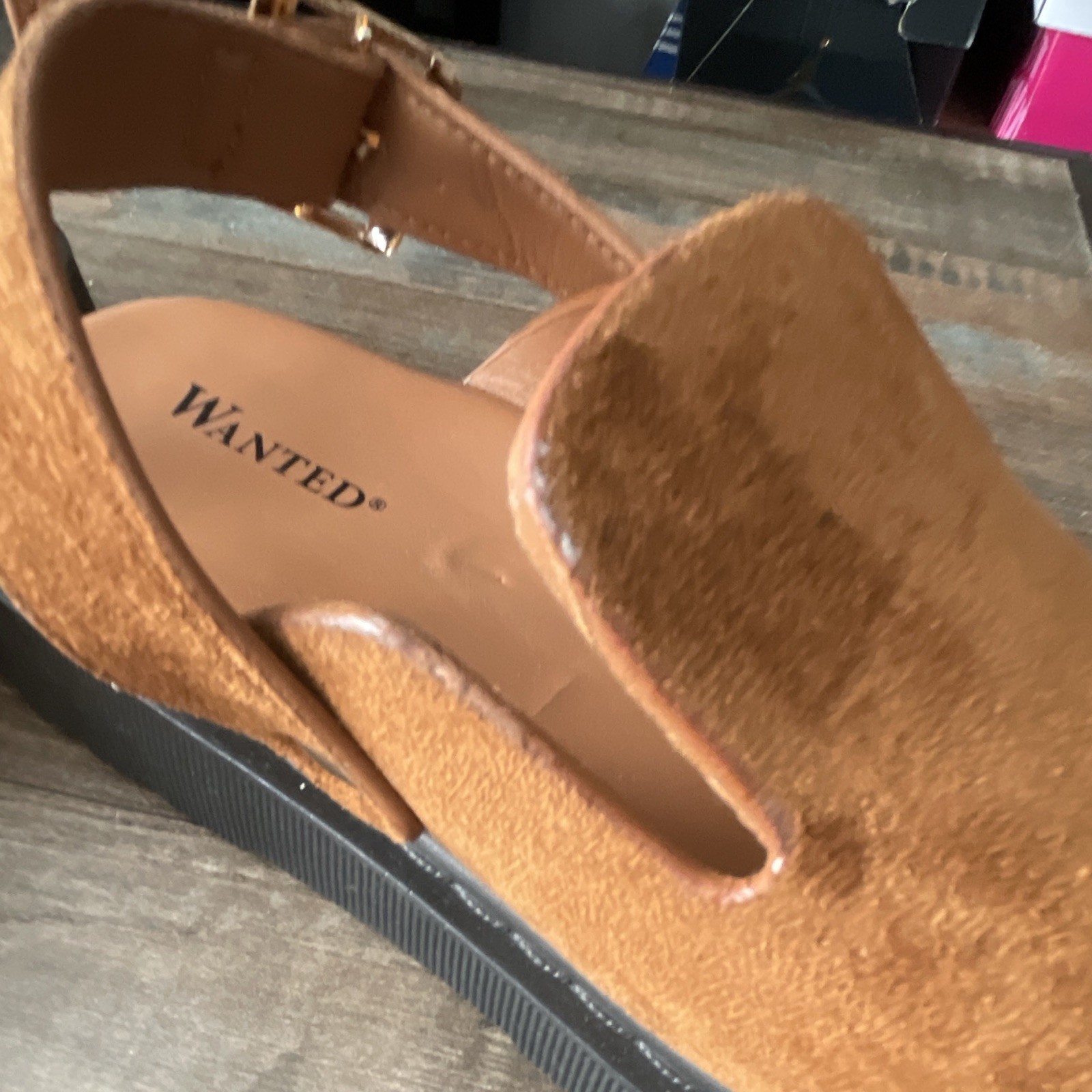 Wanted Brown Slingback Flat Sandals Adjustable Strap Buckle Textile US 7