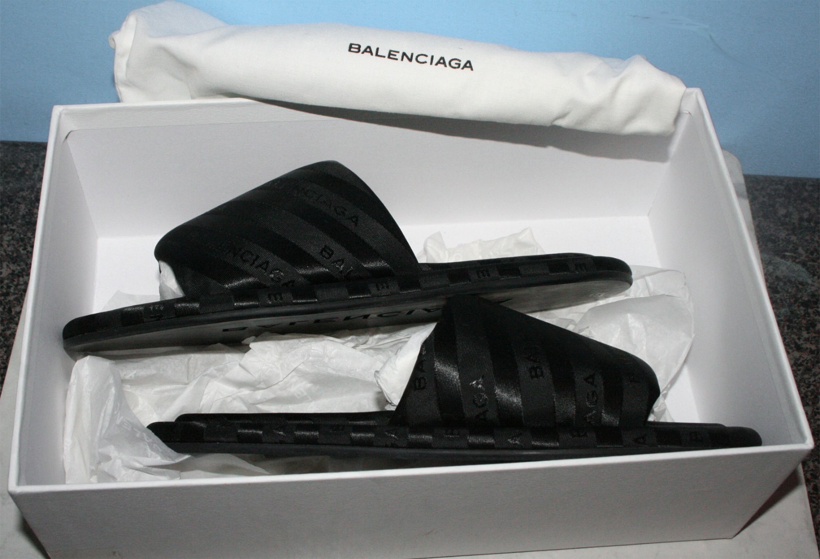 NIB BALENCIAGA Satin Logo Jacquard Hotel Slides Black Demna Le City sz 37 $600