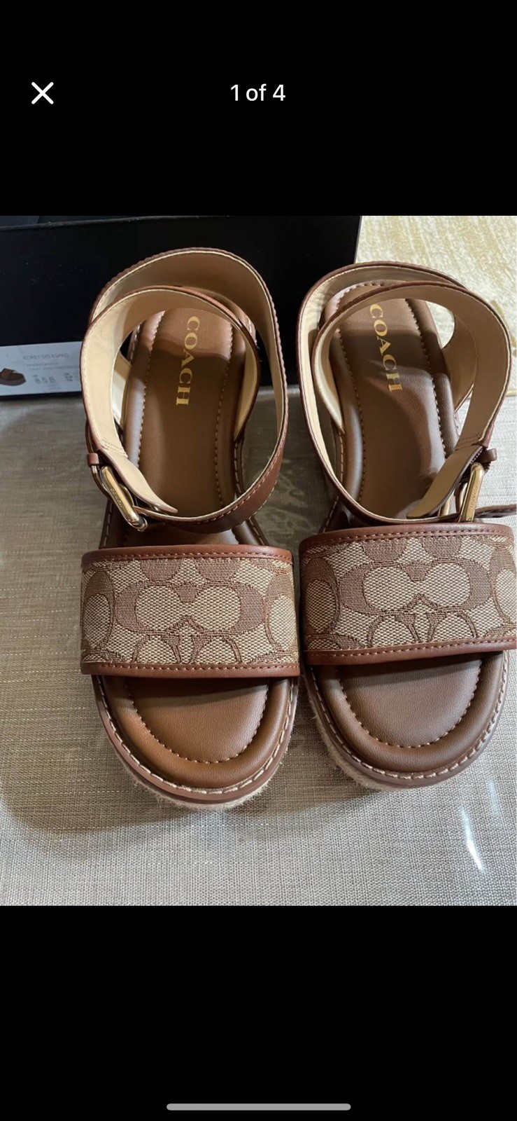 Coach Brown/Beige Logo Leather Wedge Sandals Ankle Strap Buckle Women 8.5