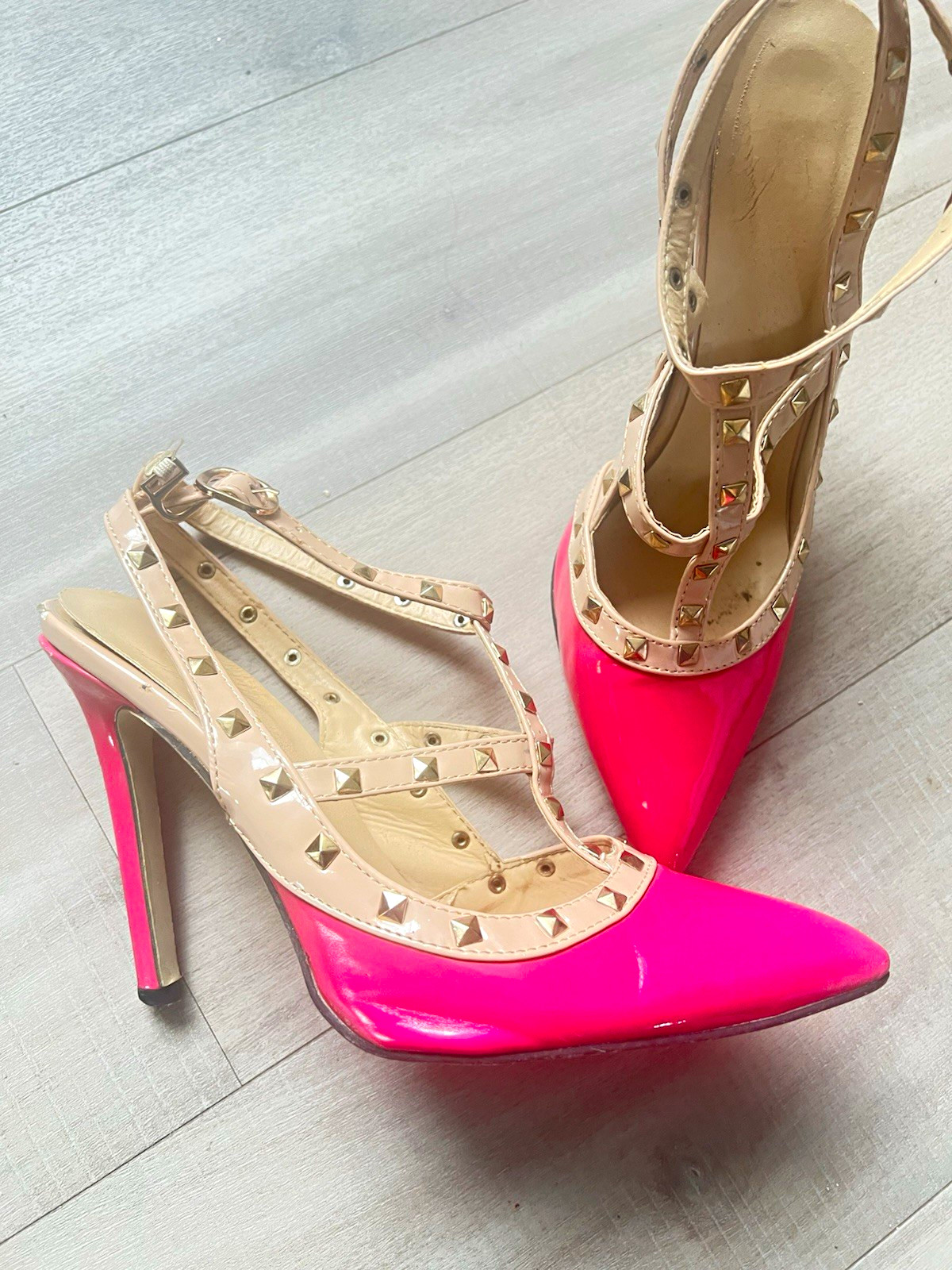 Pink/Beige Faux Leather Pointed Toe Stiletto Heels Ankle Strap Buckle 9.