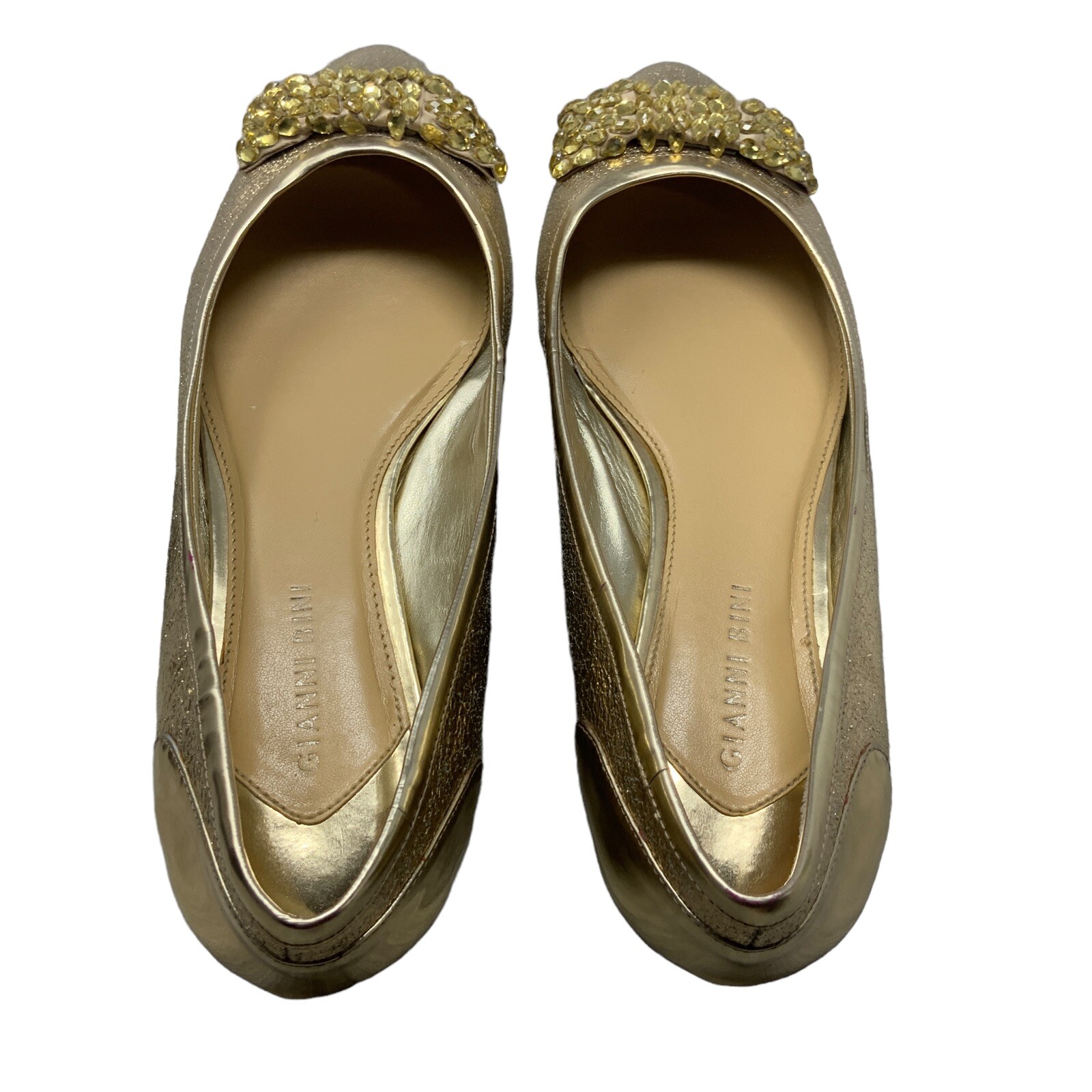 Gianni Bini Size 9.5M Gold Formal Ballet Flat Bow Leather Upper Pointed Toe