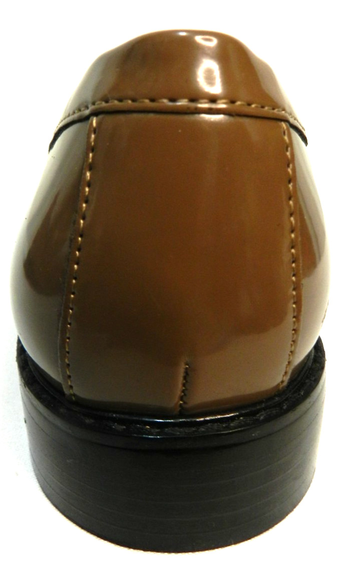 Franco Sarto Akron Size 9 brown patent leather loafers slides w/ gold Chain Link