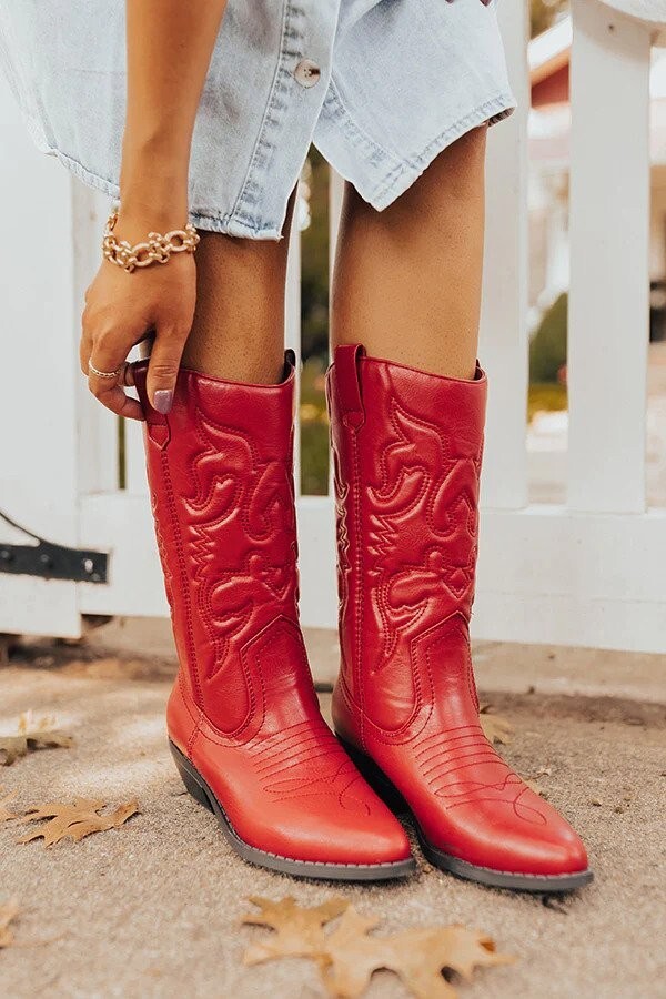 New Red Embroidered Western Cowboy Cowgirl Mid Calf Boots Low Block Heel Pull-On