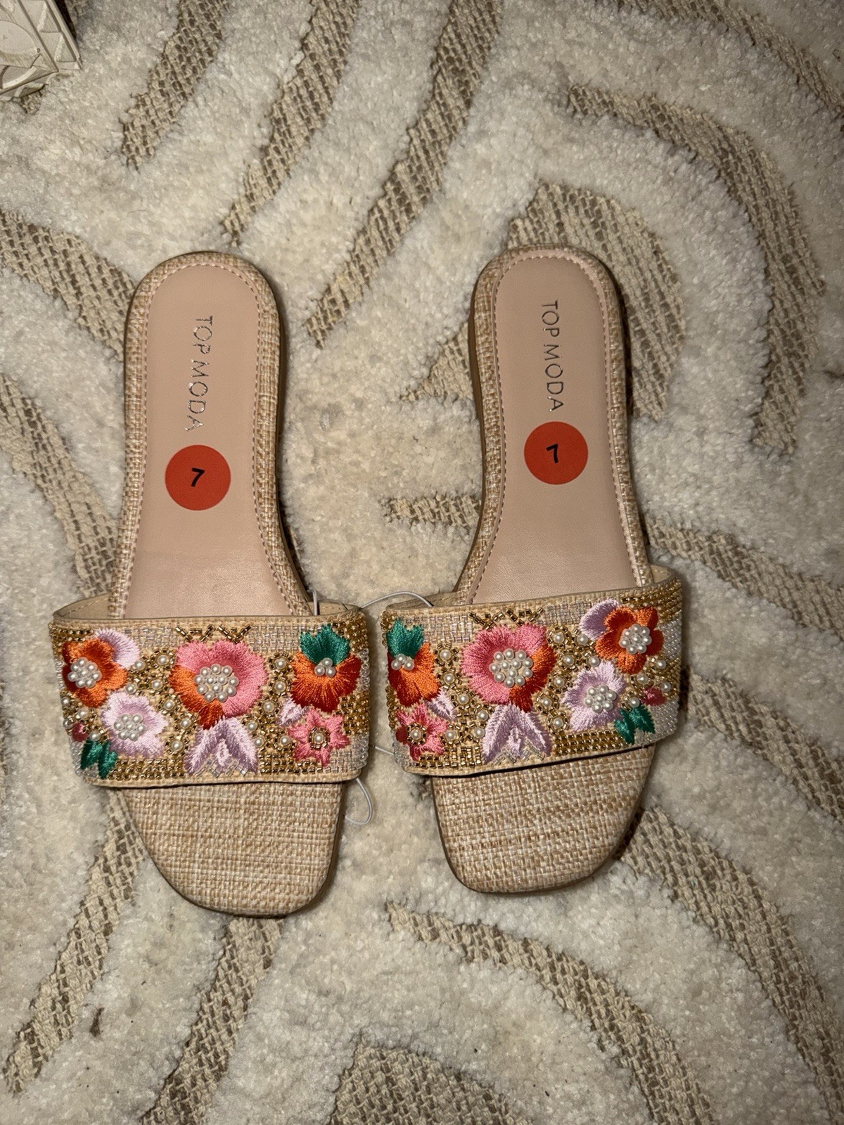 TOP Moda Beige Embroidered Floral Sandals with Pink & Orange Accents
