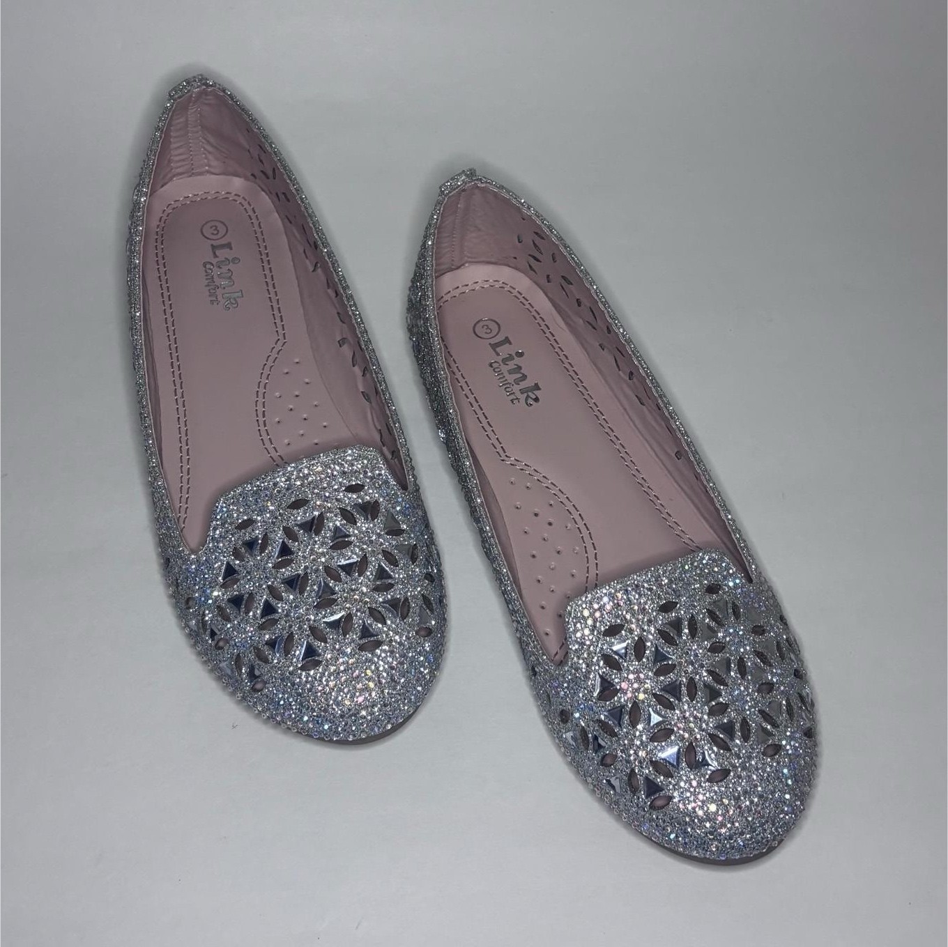 Link Silver Glitter Cut-Out Slip On Flats Round Toe Synthetic Shoes for Women