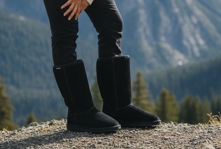 New Bearpaw Emma Short 608W Women’s Boots Size 7 Charcoal Grey Black Sheepskin