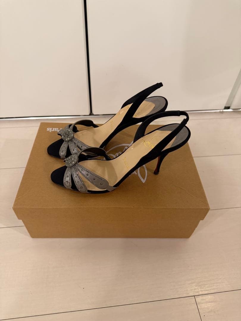 Christian Louboutin Bijou Slingback Sandals Black Silver Size 37.5 US 7.5 New