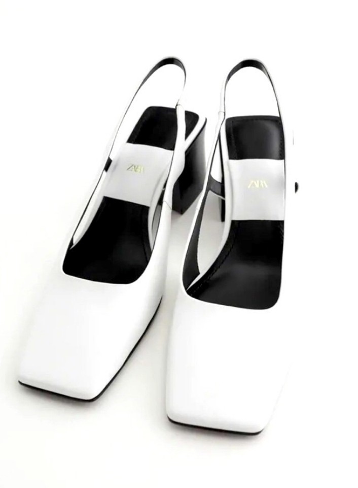 ZARA SQUARE TOE HEELED SLINGBACKS IN CHALK WHITE WOMENS 36 US 6.5/ 7
