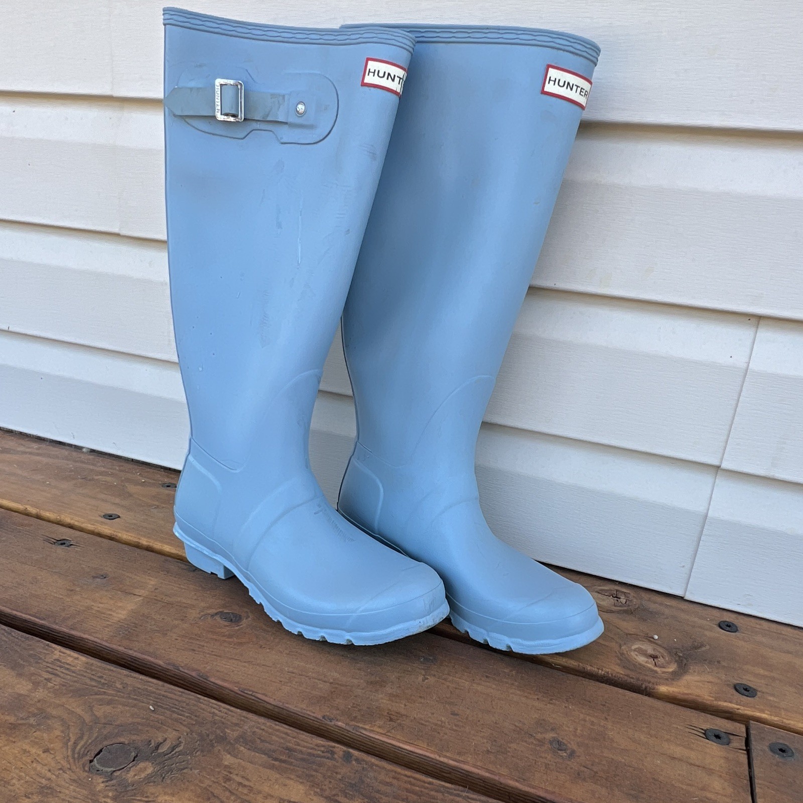 Hunter Women’s US 10 Blue Tall Knee High Rubber Rain Boots Buckle Logo