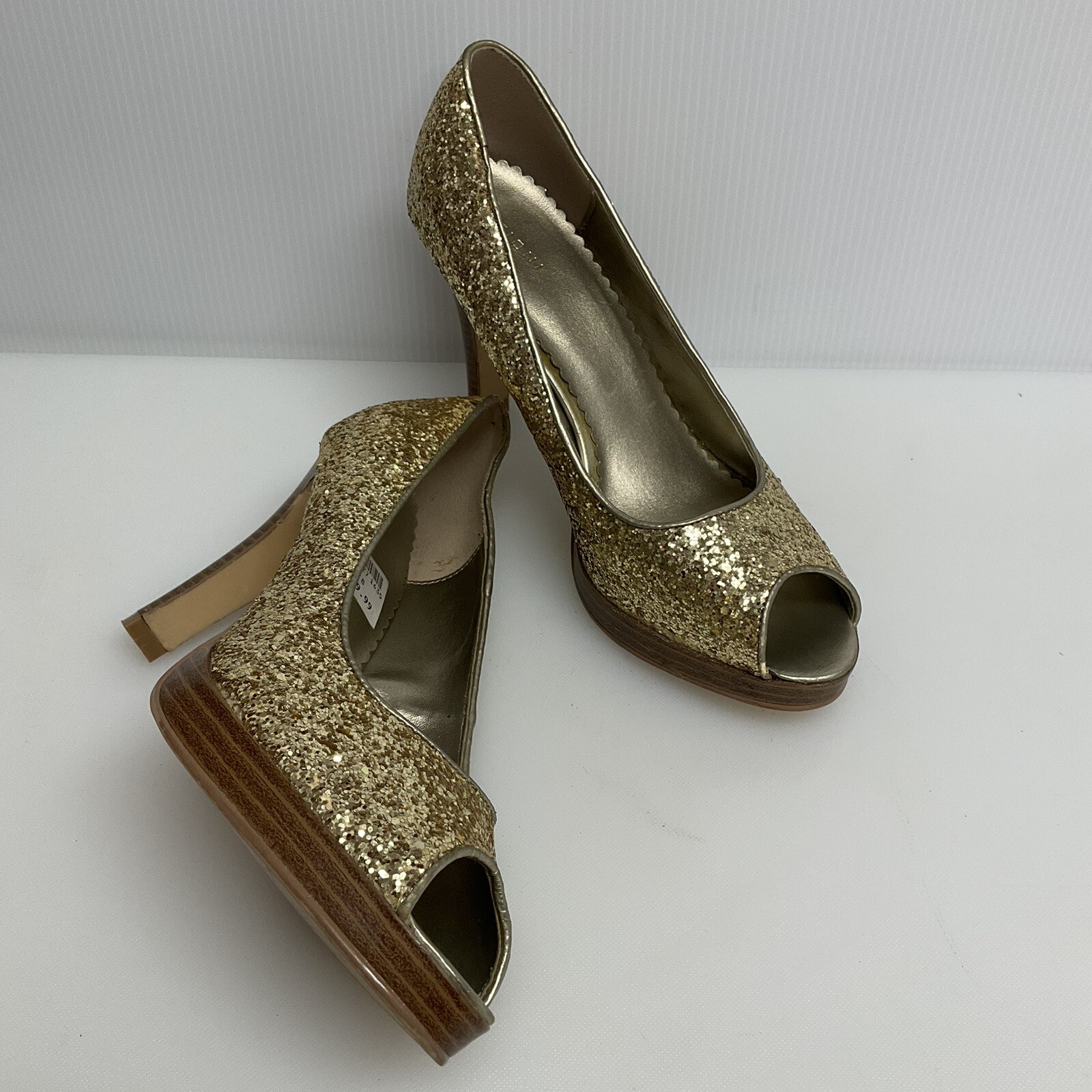 FIONI sz 8 Peep Toe Sparkle Gold Glitter Platform Cocktail Party Heels