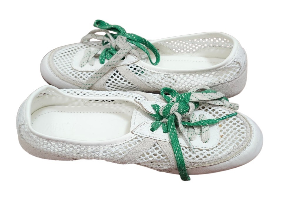 ZARA Mesh Ballet Flats White Green Lace-Up Shoes Women US 5 EU 36 Casual Summer