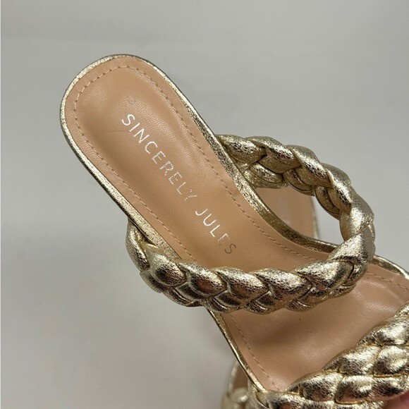 Sincerely Jules IRIS Braided Sandal Metallic Gold Square Toe Slip On Heel 7.5