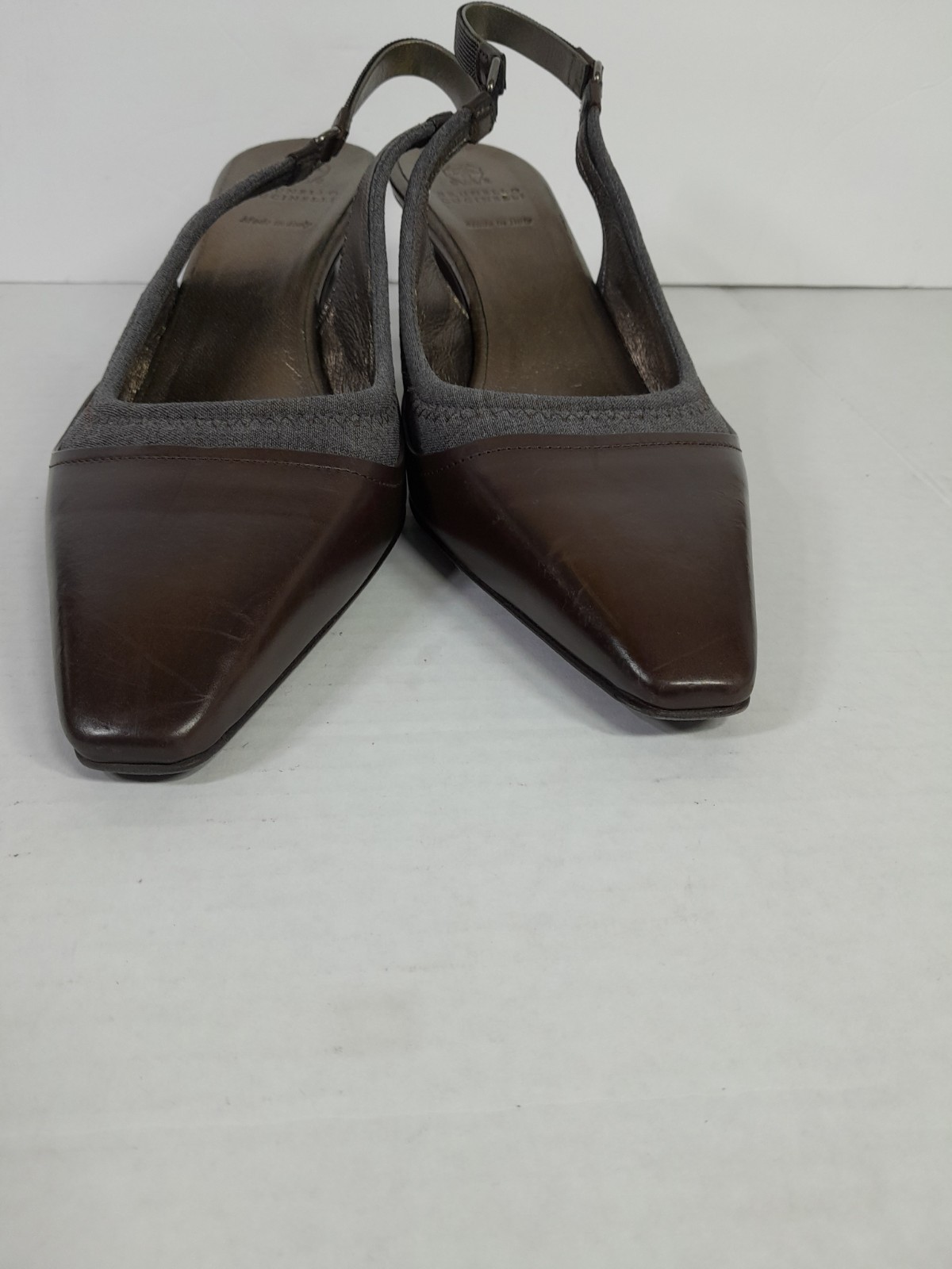 Brunello CucinelliLeather Beaded Accent Slingback Heel Women 10 (40) Brown Gray