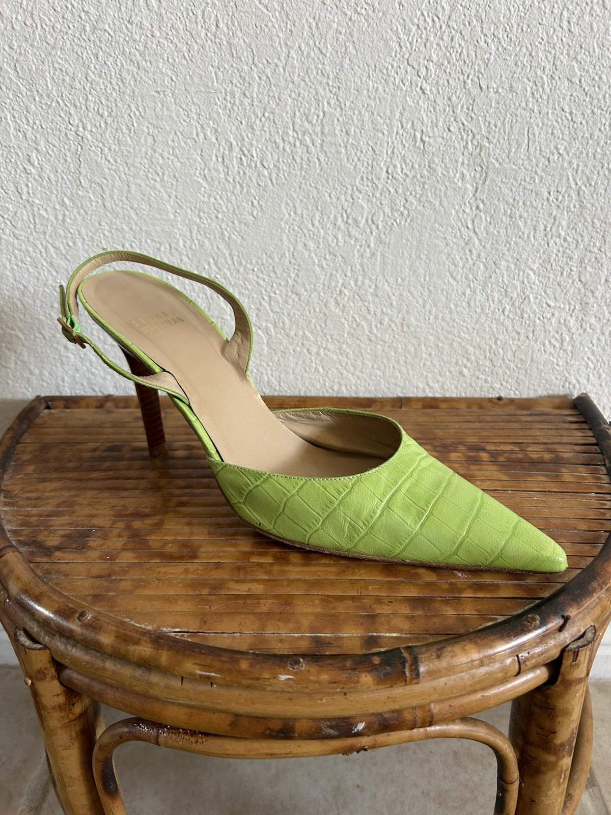 Stuart Weitzman Lime Green Croc Leather Embossed Pointed Toe Slingback Heels 8M