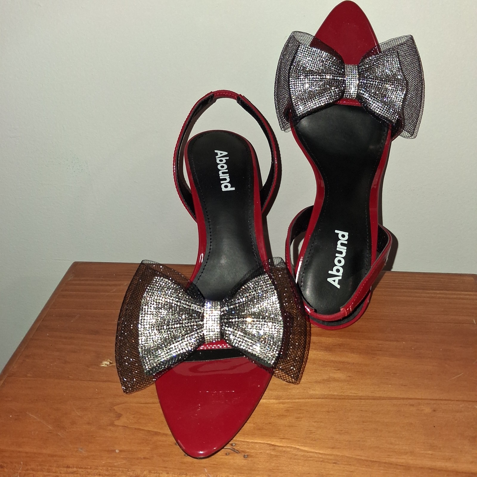 Abound Red Patent Slingback Heels with Rhinestone Bows Size 8