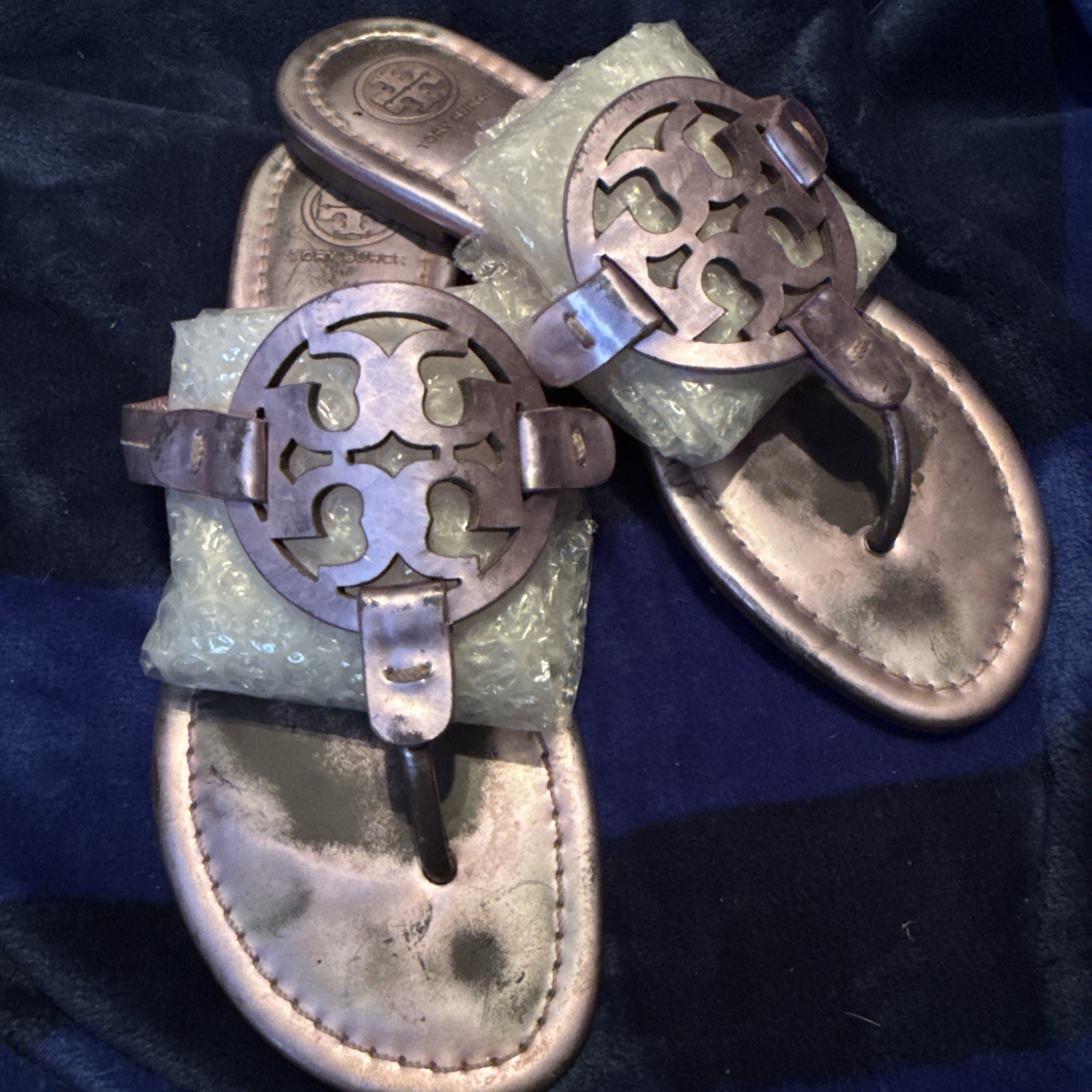 Tory Burch Miller Mirrored Lilac/Lavendar Leather Sandals Sz 6 M See pictures