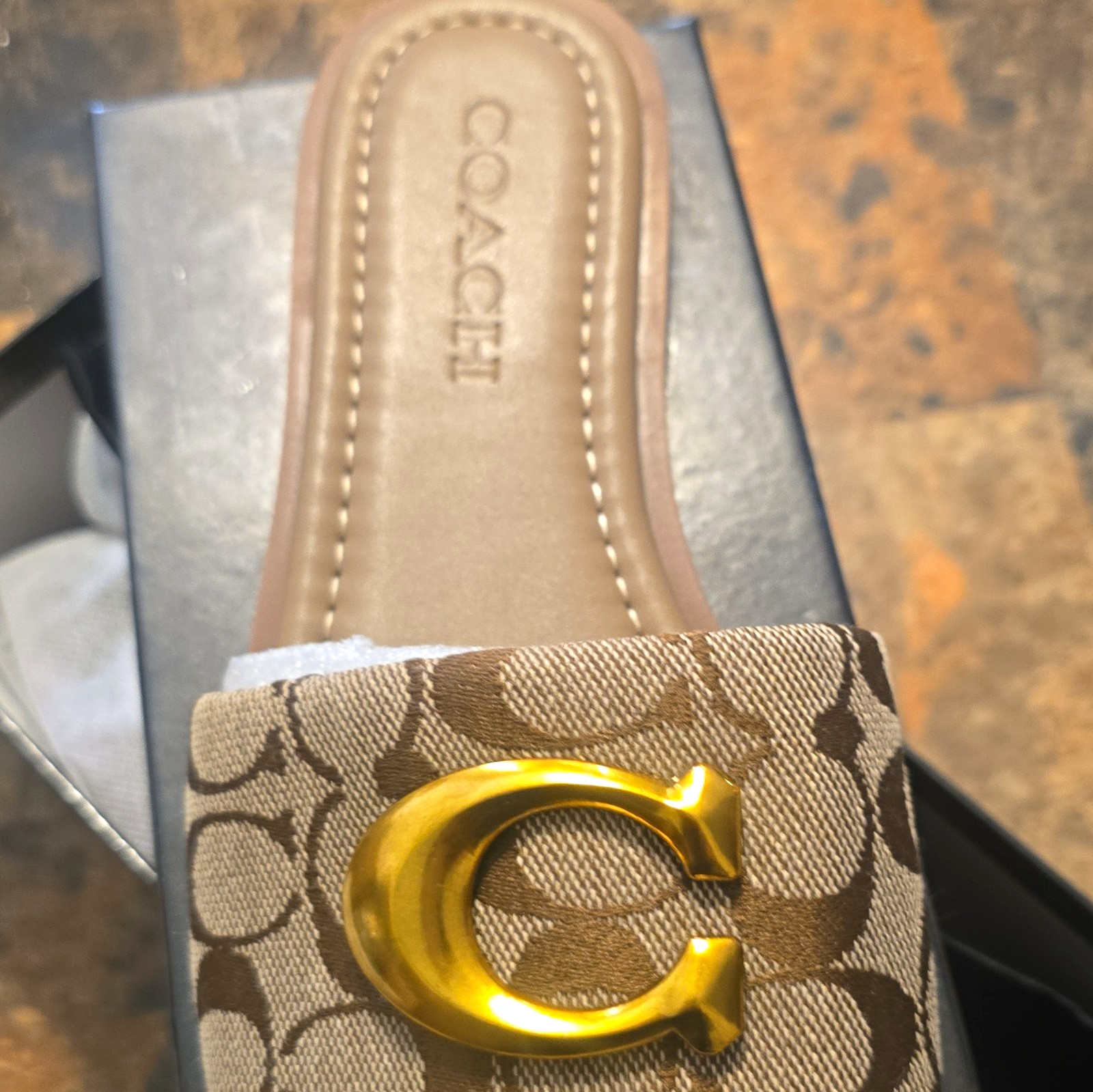 Coach Women’s Brown/Beige/Gold Logo Slide Sandals Slip-On Canvas/Leather US 11