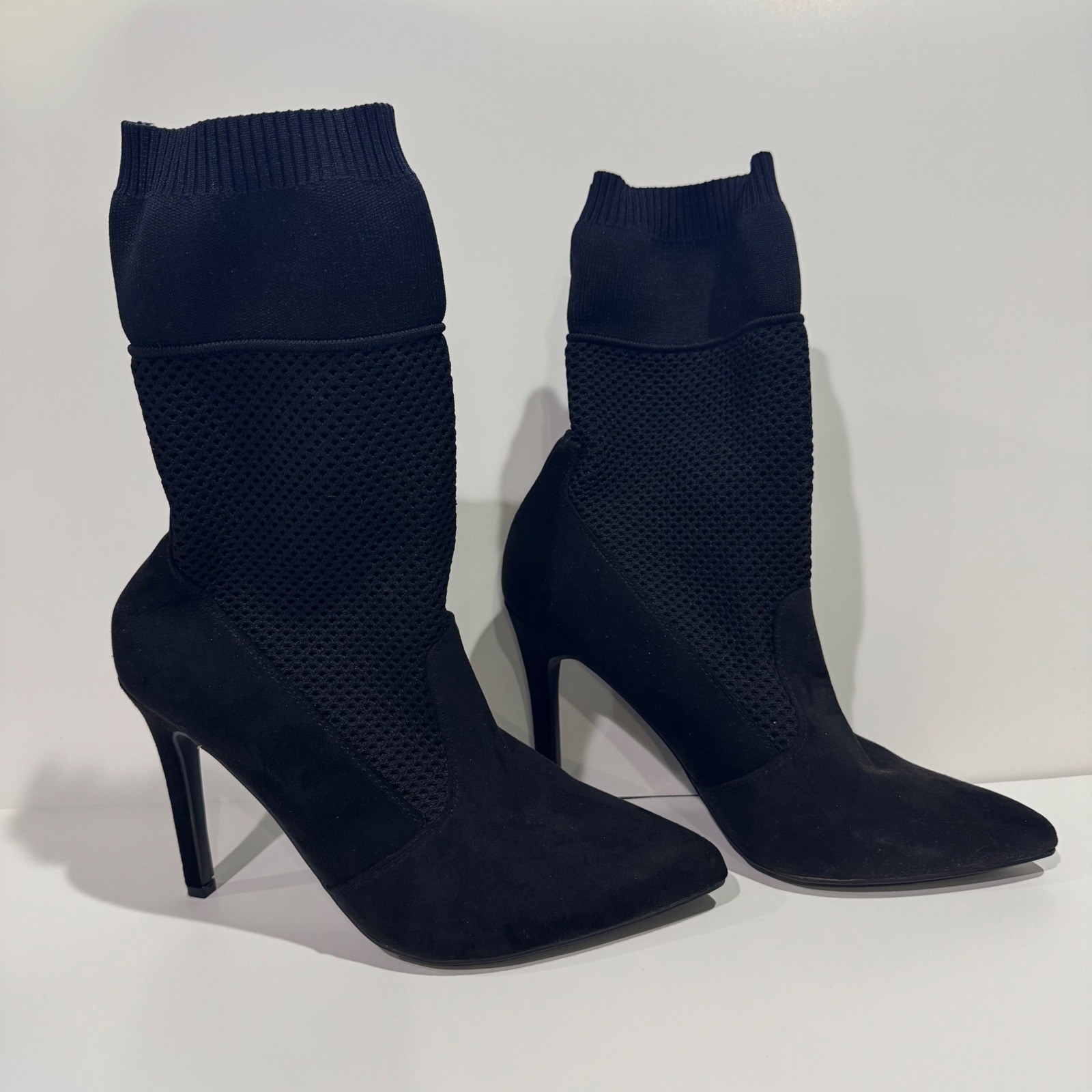 Anne Michelle Black Sock Booties Mesh Knit Stiletto Pointed Toe Mid Calf Size 8