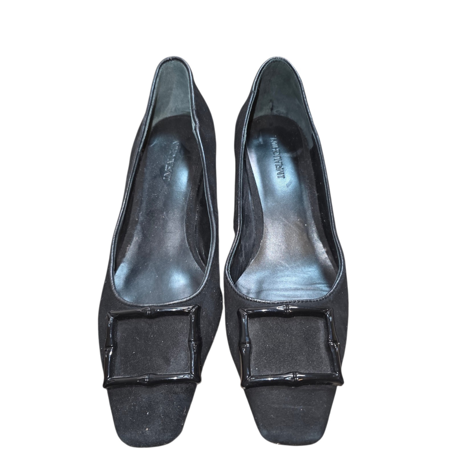 J McLaughlin Black Suede Buckle Pumps Size 6 Block Heel Classic Designer Work